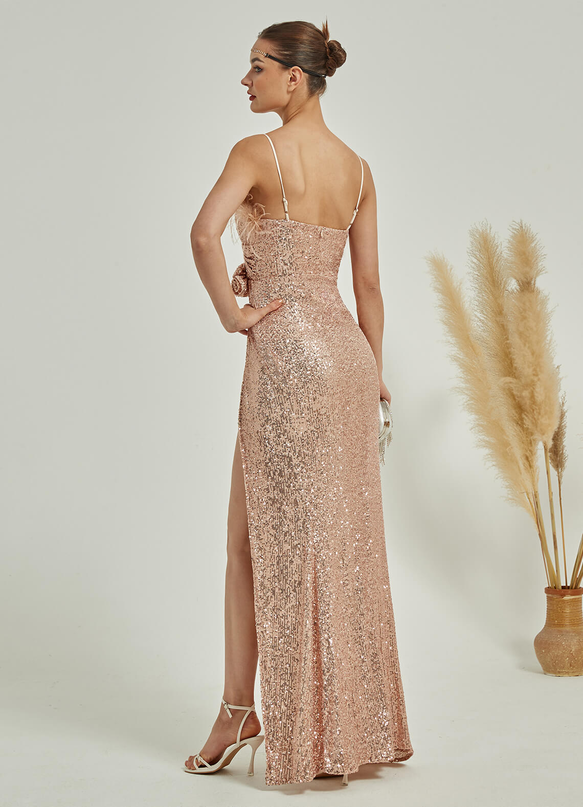 Champagne Gold Luxury Feather Sequin Maxi Formal Gown with Spaghetti Straps - Perfect for Evening Galas, Prom, Weddings & Red Carpet Events