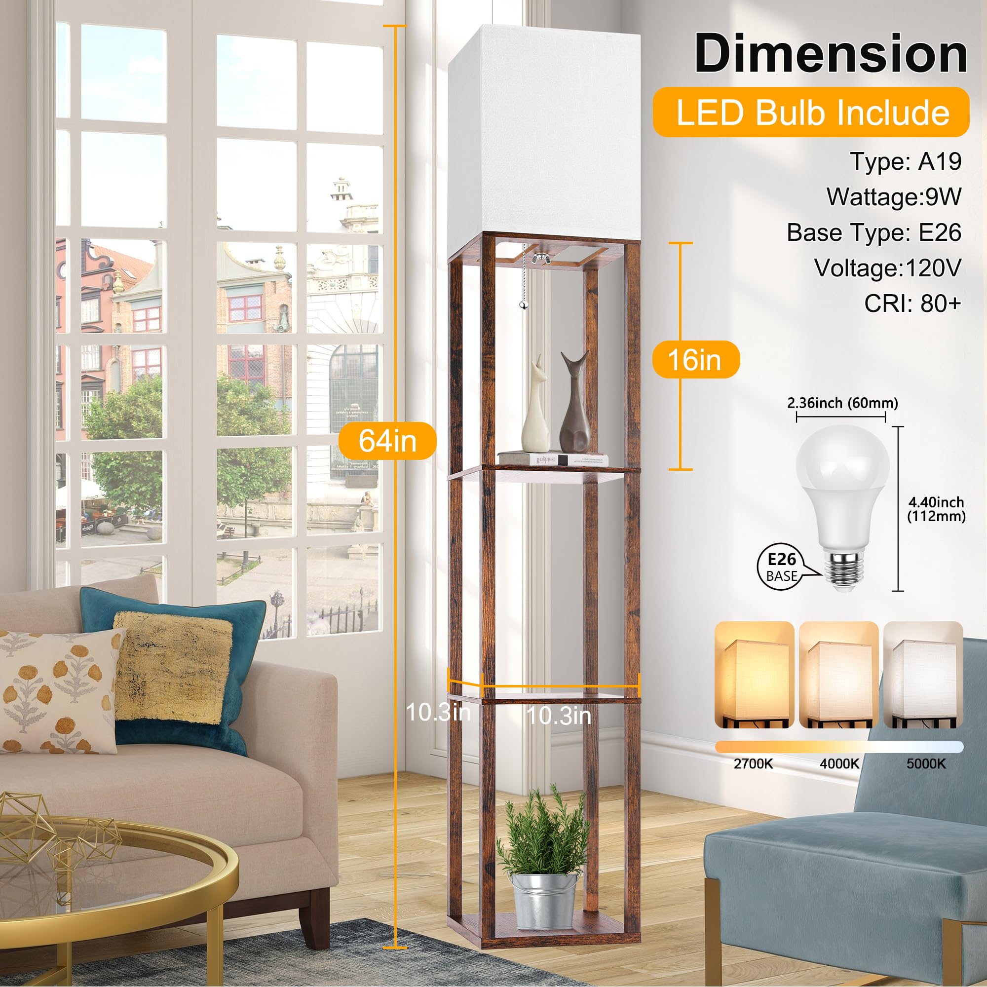 Modern Floor Lamp with Shelves - 3-Tier Corner Standing Lamp with Adjustable CCT LED Bulb, White Linen Shade - Perfect for Living Room, Bedroom & Office Organization - Space-Saving Shelf Tower for Books, Decor & Nightstand Essentials