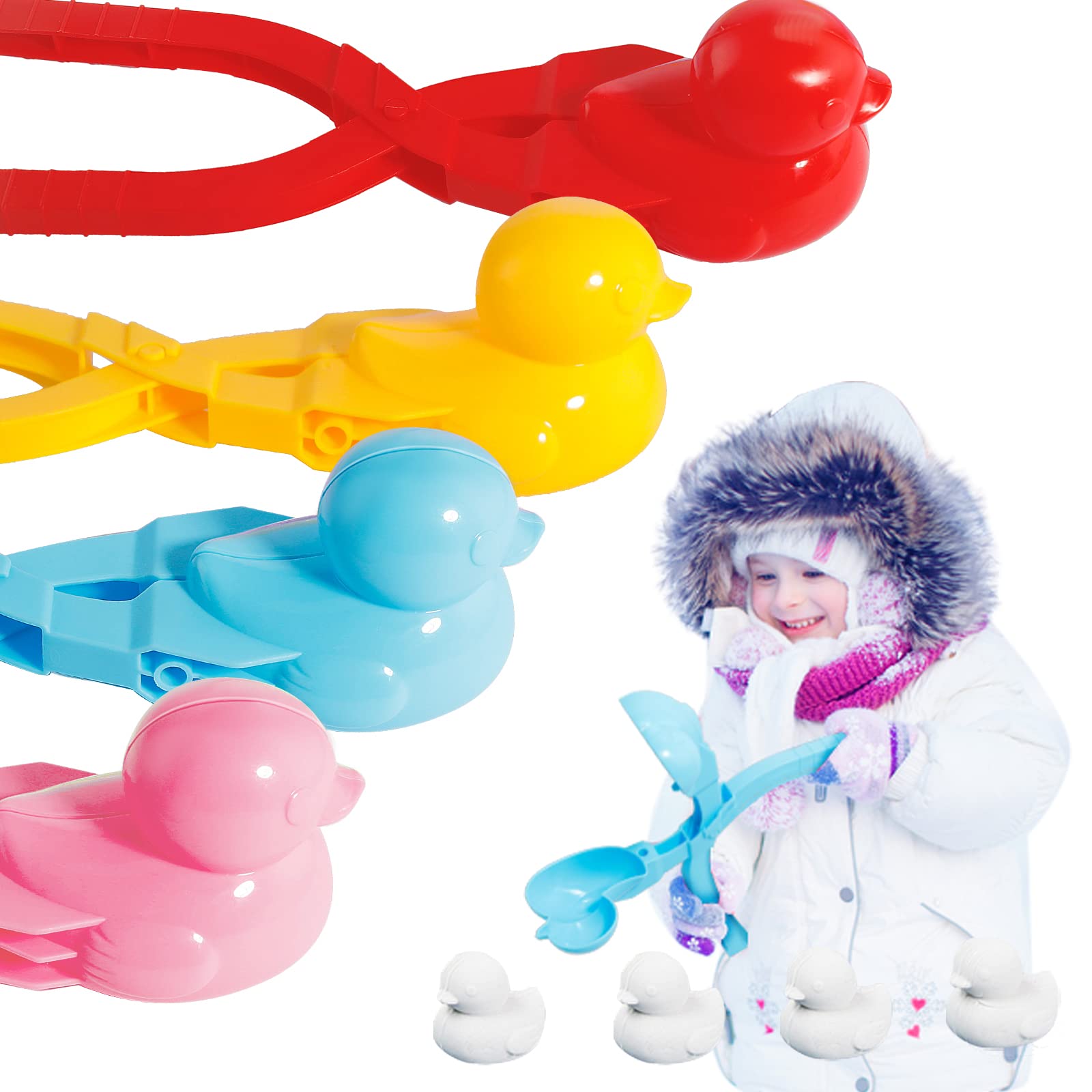 Duck Snowball Maker Toy - 4 Pack Cartoon Duck Snowball Clips for Kids Outdoor Winter Play, Snowball Fights & Snow Sand Molds - Fun Snow Day Activities & Winter Sports Games