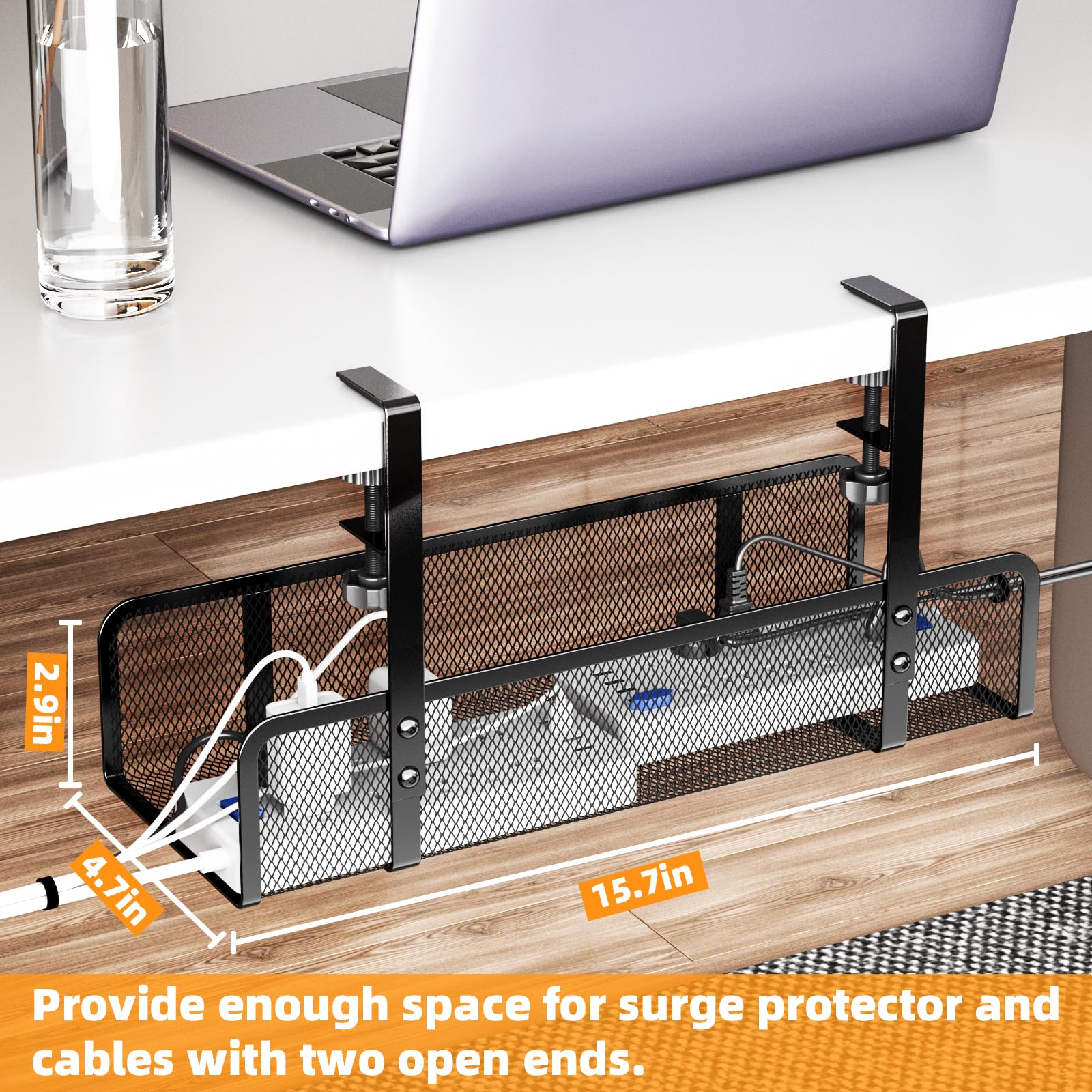 Under Desk Cable Management Tray - No Drill Wire Organizer Box for Office & Home - Cord Hider with No Damage Installation - Perfect for Computer, Gaming & Workspace Setup