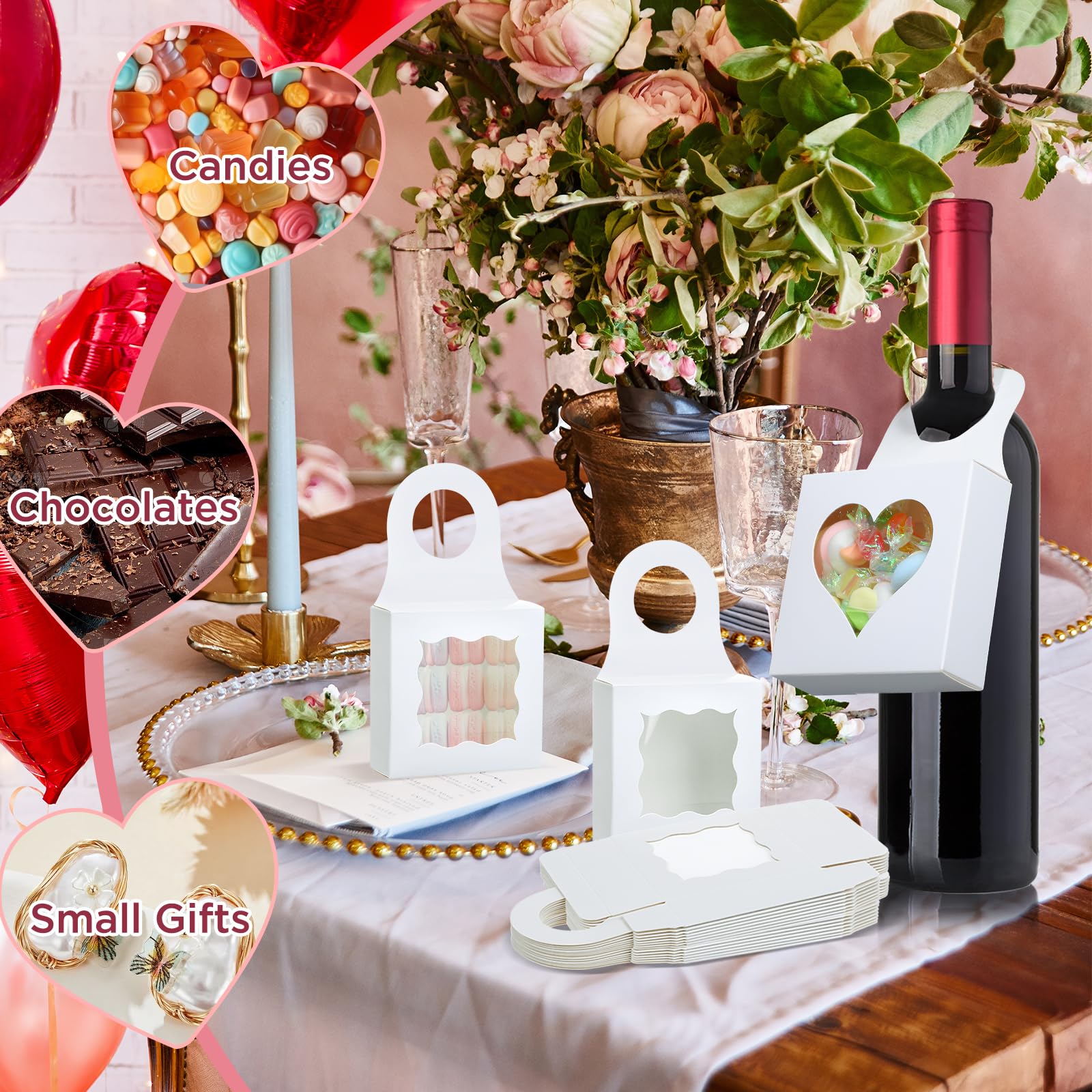 20Pcs Easter Wine Bottle Gift Boxes with Window - Kraft Paper Hanging Treat Boxes for Mini Charcuterie, Champagne & Wine Bottles - White Wave Design - Perfect for Easter Gifts, Party Favors & Holiday Treats