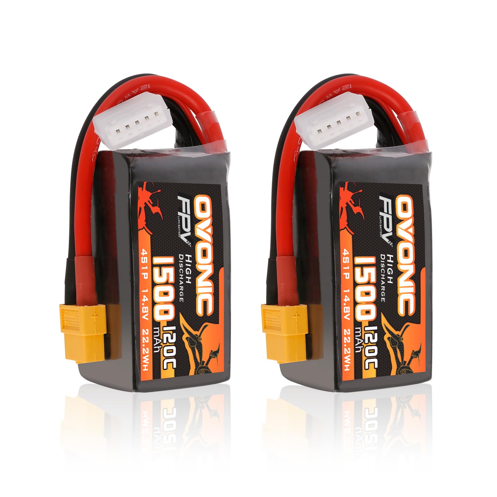 OVONIC 14.8V 120C 1500mAh 4S Lipo Battery with XT60 Plug - High Performance RC Battery for FPV Drones, Quadcopters, Helicopters, Airplanes, RC Boats & Cars (2 Pack) - Perfect for Racing, Aerial Photography and Long Flight Time