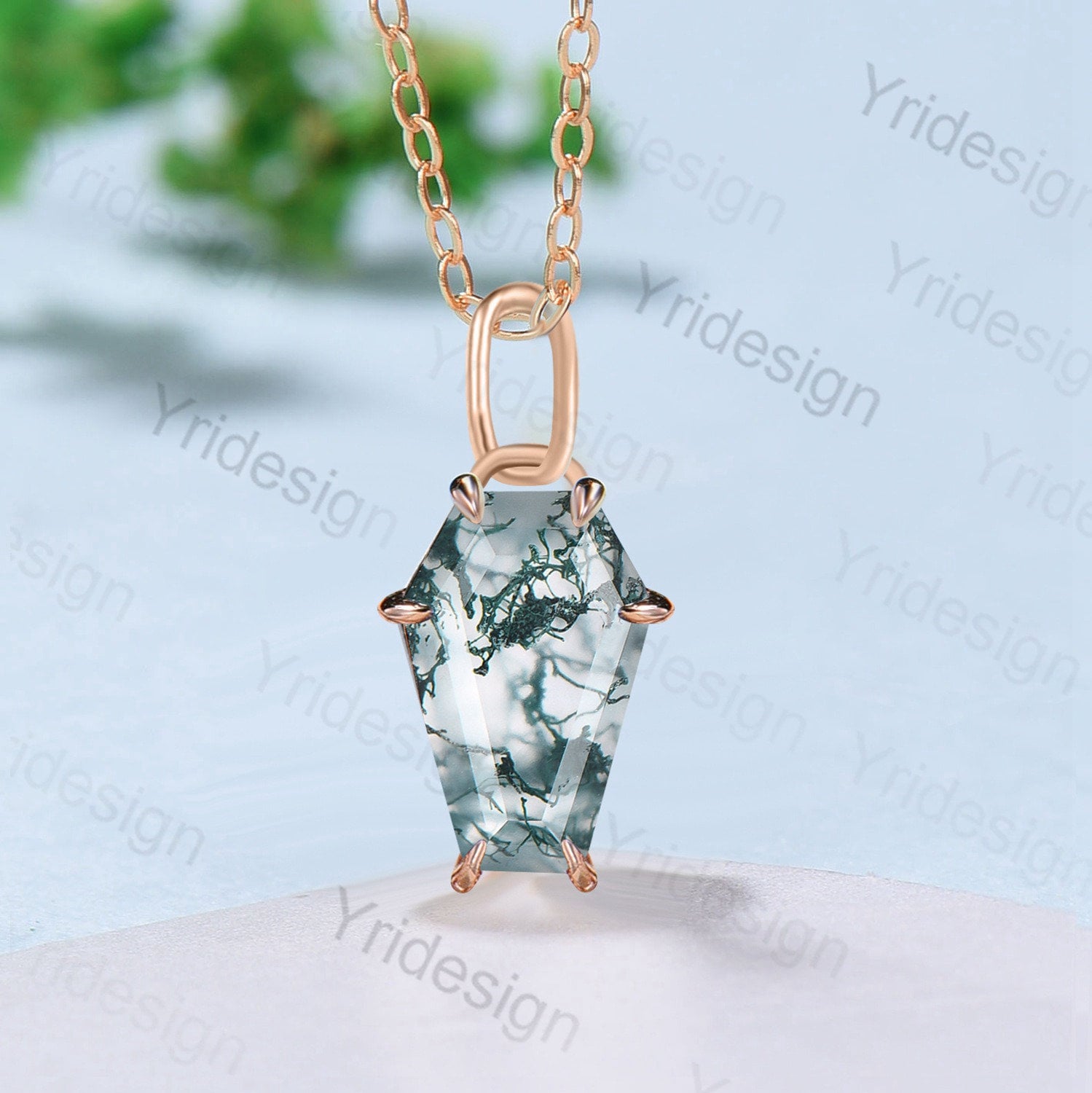 Natural Moss Agate Coffin Pendant Necklace - 14K/18K Rose Gold Vintage Jewelry, Personalized Bridal Gift for Women, Anniversary Present - Perfect for Weddings, Date Nights & Special Occasions