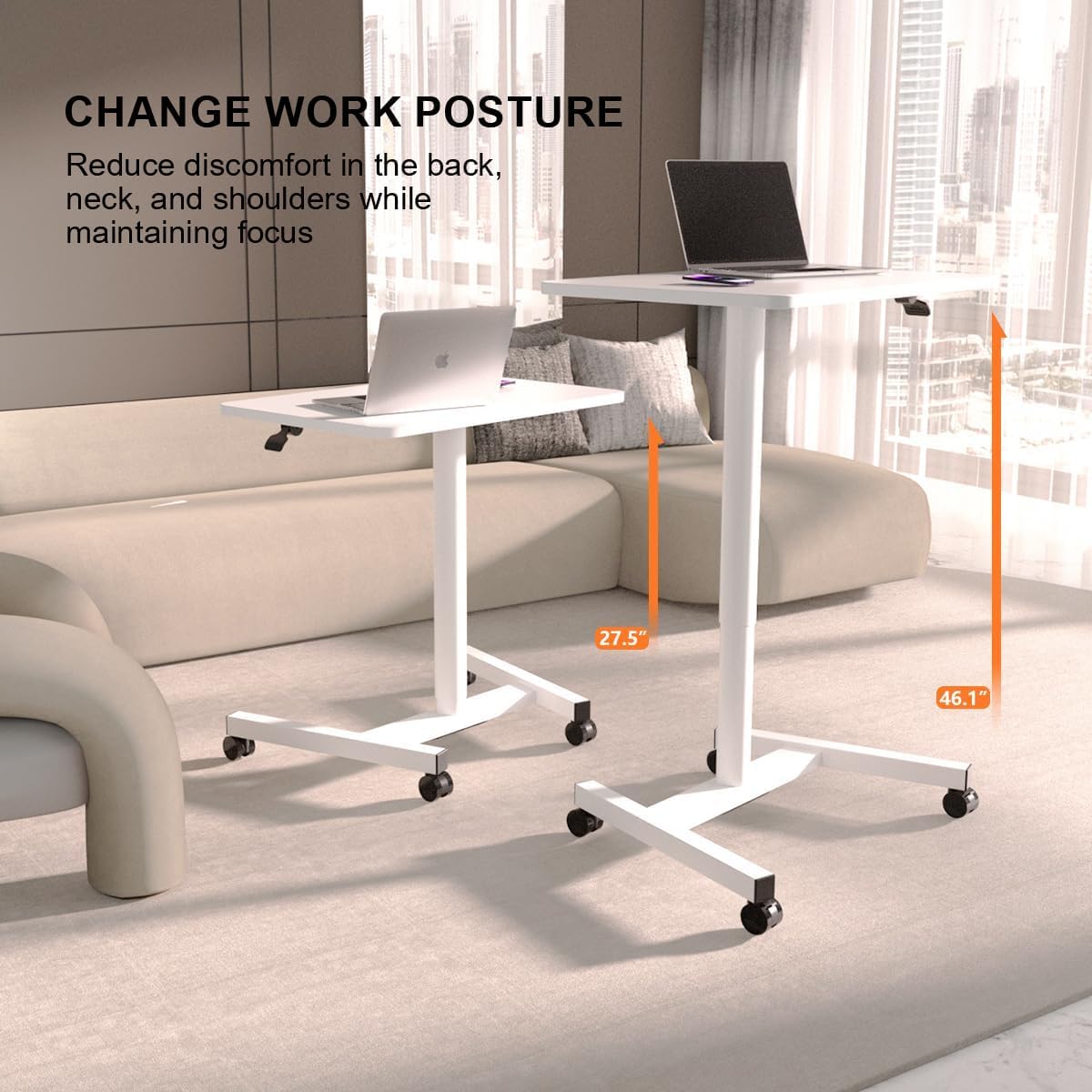 28-Inch Adjustable Height Mobile Standing Desk with Lockable Wheels - Portable Rolling Workstation for Home Office, Classroom, Hospital - Perfect for Remote Work, Study & Healthcare (Snow White)