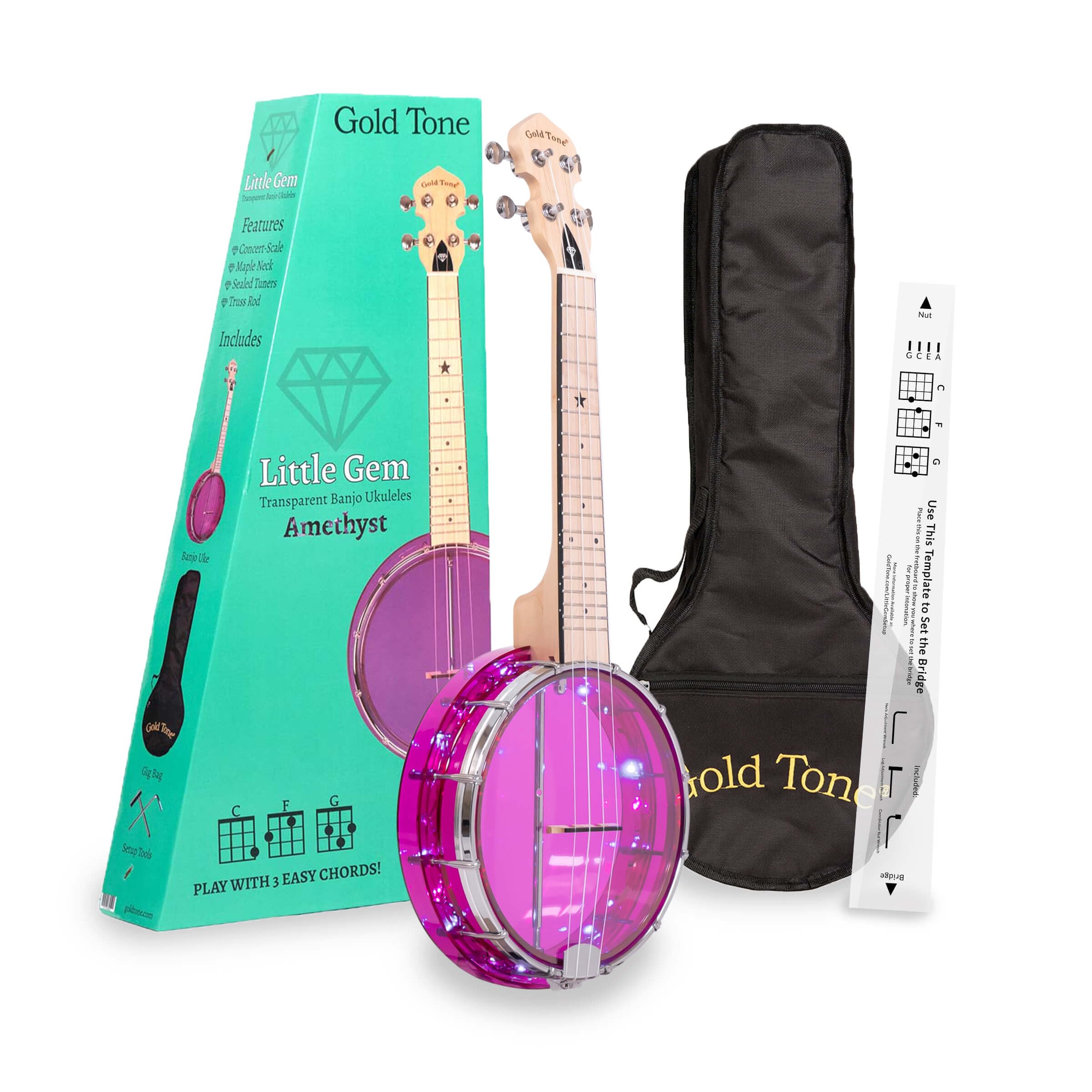 Gold Tone LGLT-A LED Light Up See-Through Banjo Ukulele with Amethyst Gem - Transparent Electric Ukelele for Stage Performance & Nighttime Playing