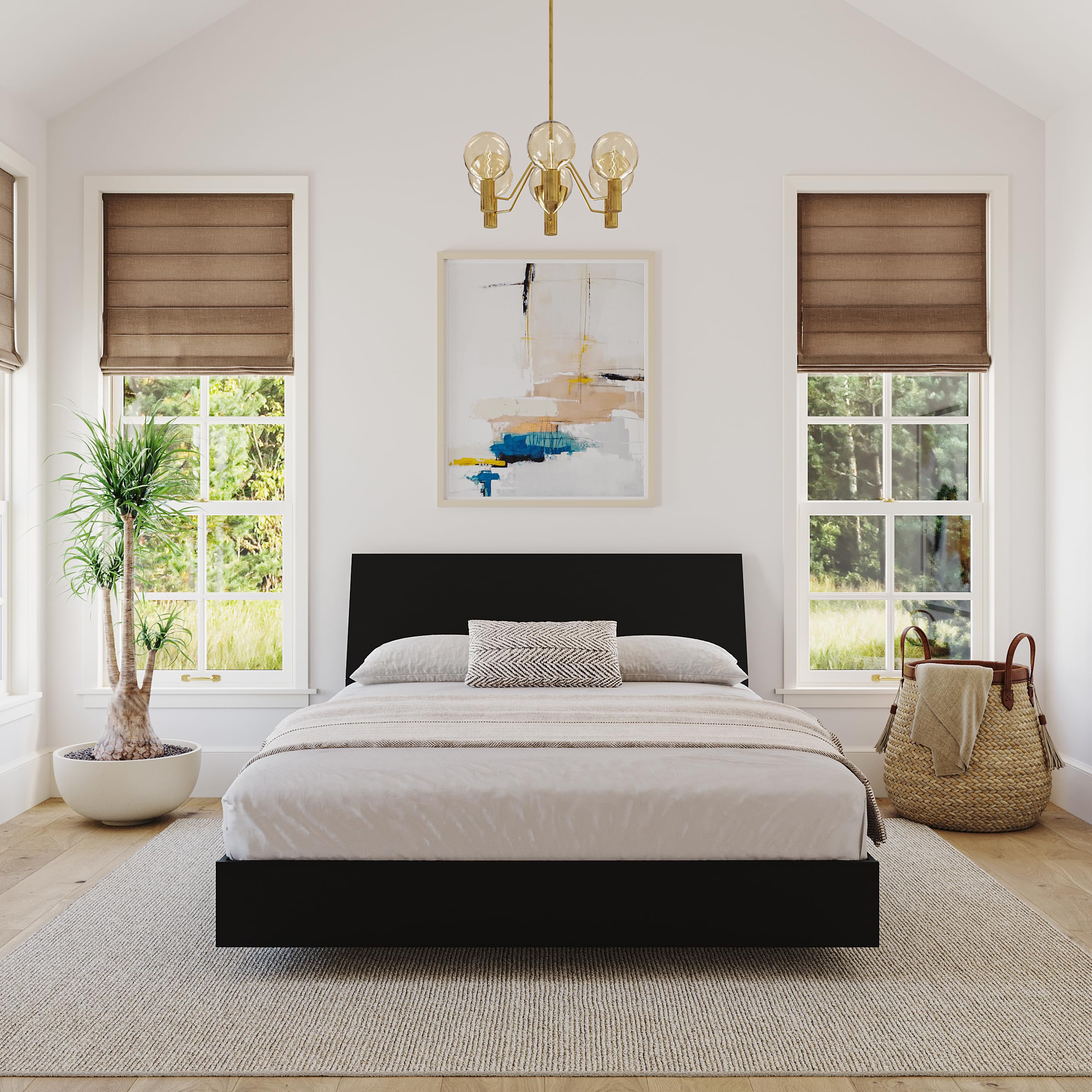 Nexera 2-Piece Queen Size Bed Set with Sturdy Metal Bed Frame & Upholstered Headboard - Black | Modern Bedroom Furniture for Small Spaces & Guest Rooms