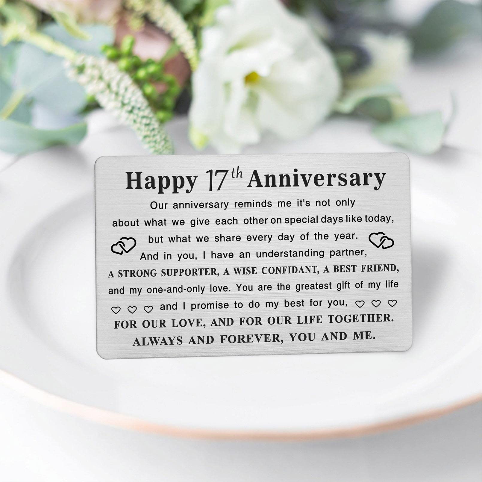 TGCNQ Metal Engraved 17 Year Anniversary Card - Elegant 17th Wedding Anniversary Gift for Husband, Wife, Couples - Romantic Keepsake for Him & Her - Perfect for Anniversary Decorations & Celebrations