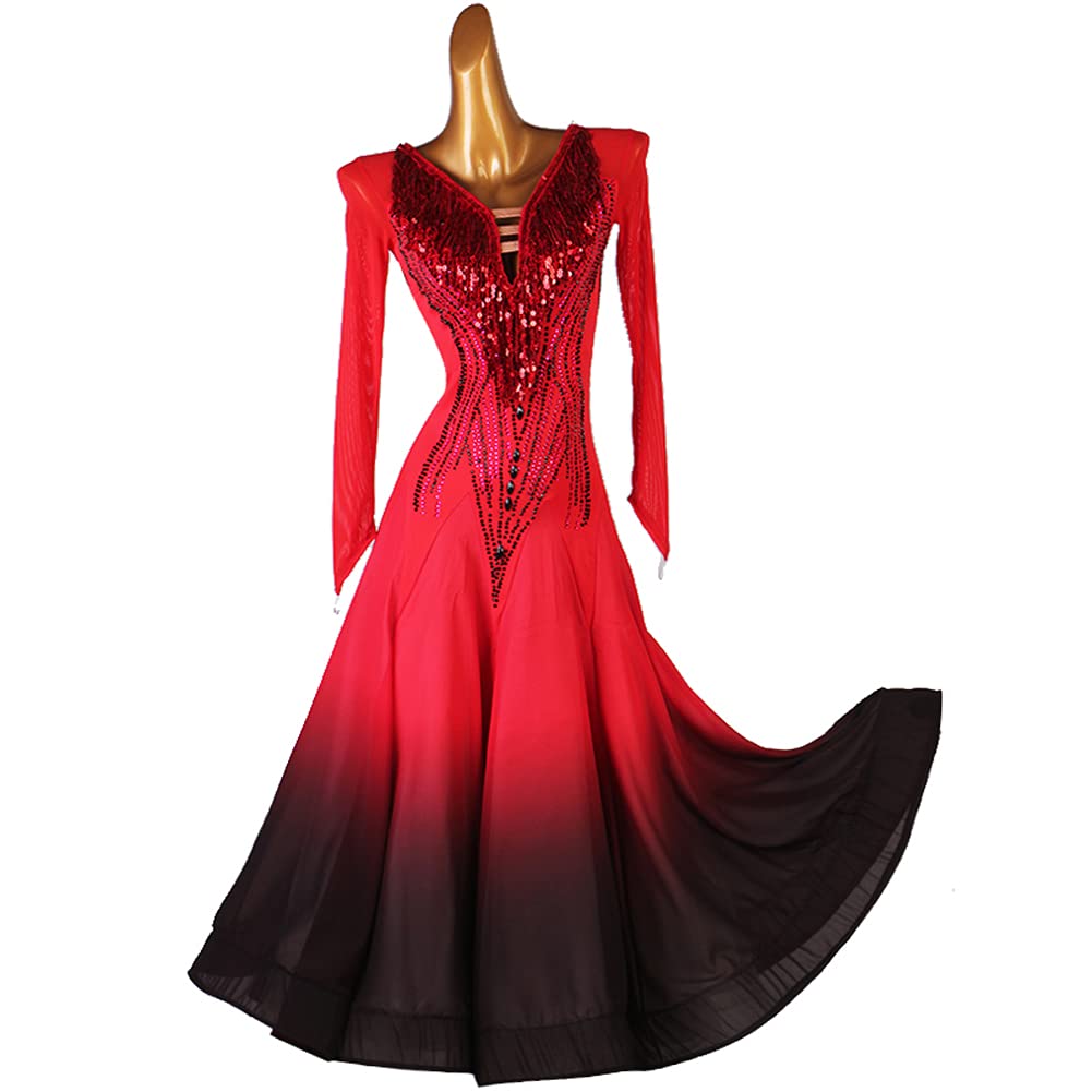 Elegant Red Sequin Ballroom Dance Dress for Women - Tango, Waltz, Standard & Smooth Competition - Perfect for Dance Performances & Social Events