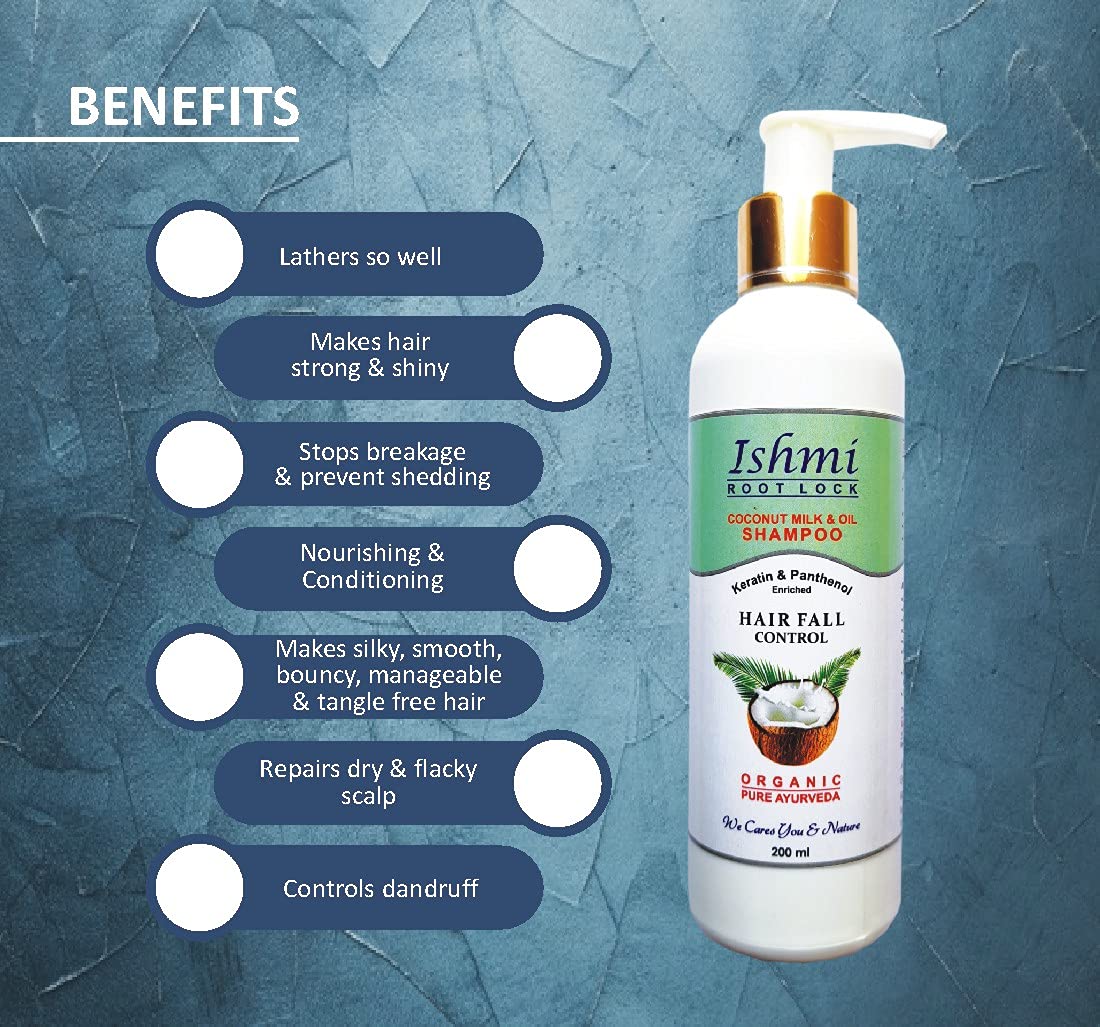 Ishmi Coconut Milk & Oil Root Lock Shampoo - 200ml | Stops Hair Fall, Promotes Hair Growth & Thickens Hair with Keratin & Panthenol | SLS, Sulfate, Paraben & Silicone Free | For Daily Hair Care & Scalp Nourishment