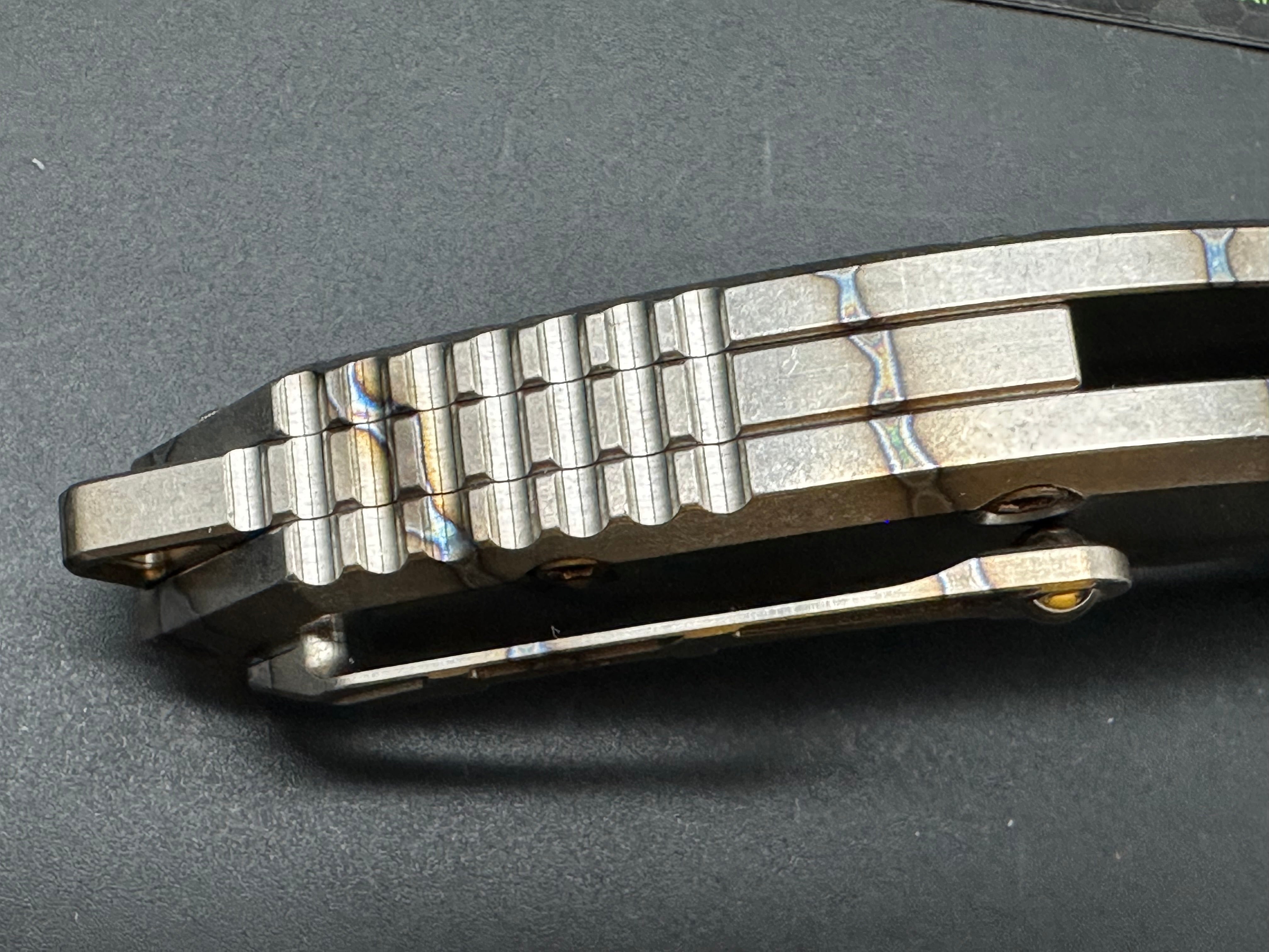 Heretic Medusa Battleworn Bronze Tanto Knife - Flamed Titanium Handle with 3 Bronze Accents | Tactical EDC, Outdoor Survival, and Collector's Item