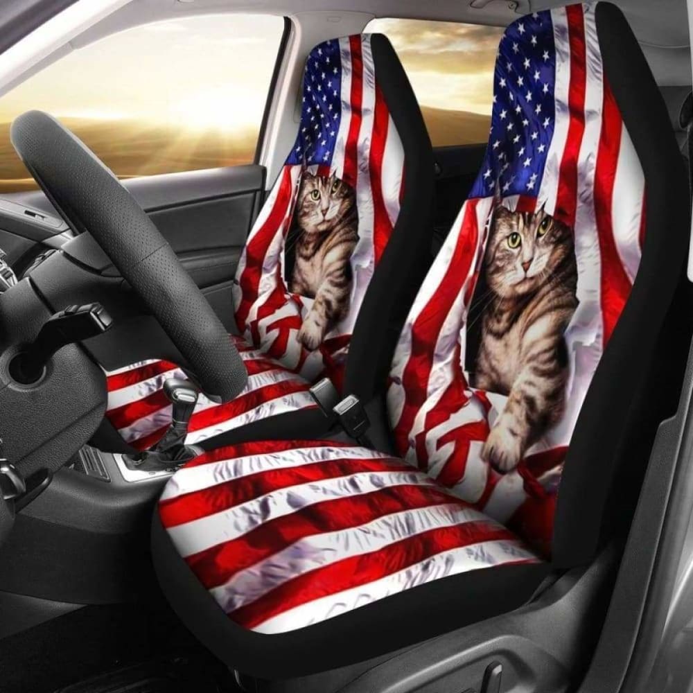 American Flag & Cat Print Car Seat Covers - Durable Universal Fit for Cars, Trucks & SUVs - Perfect for Patriotic Pet Lovers & Road Trips