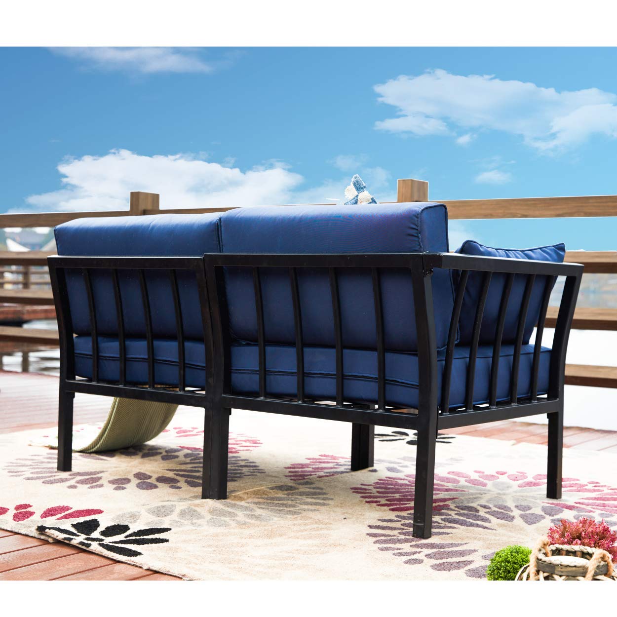 LOKATSE HOME 2-Piece Outdoor Patio Furniture Set - Blue Waterproof Wicker Conversation Chairs with Corner Sofa & Armless Loveseat | Perfect for Backyard, Poolside & Garden Relaxation