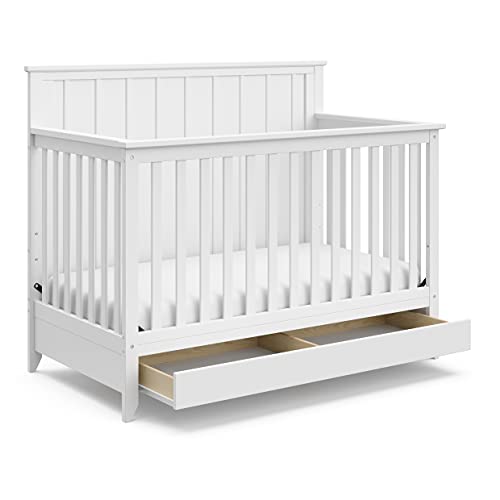 Storkcraft Forrest 5-in-1 Convertible Crib with Storage Drawer (White) – GREENGUARD Gold Certified, Converts to Toddler Bed, Daybed & Full Bed – Safe Nursery Furniture for Baby & Kids Bedroom