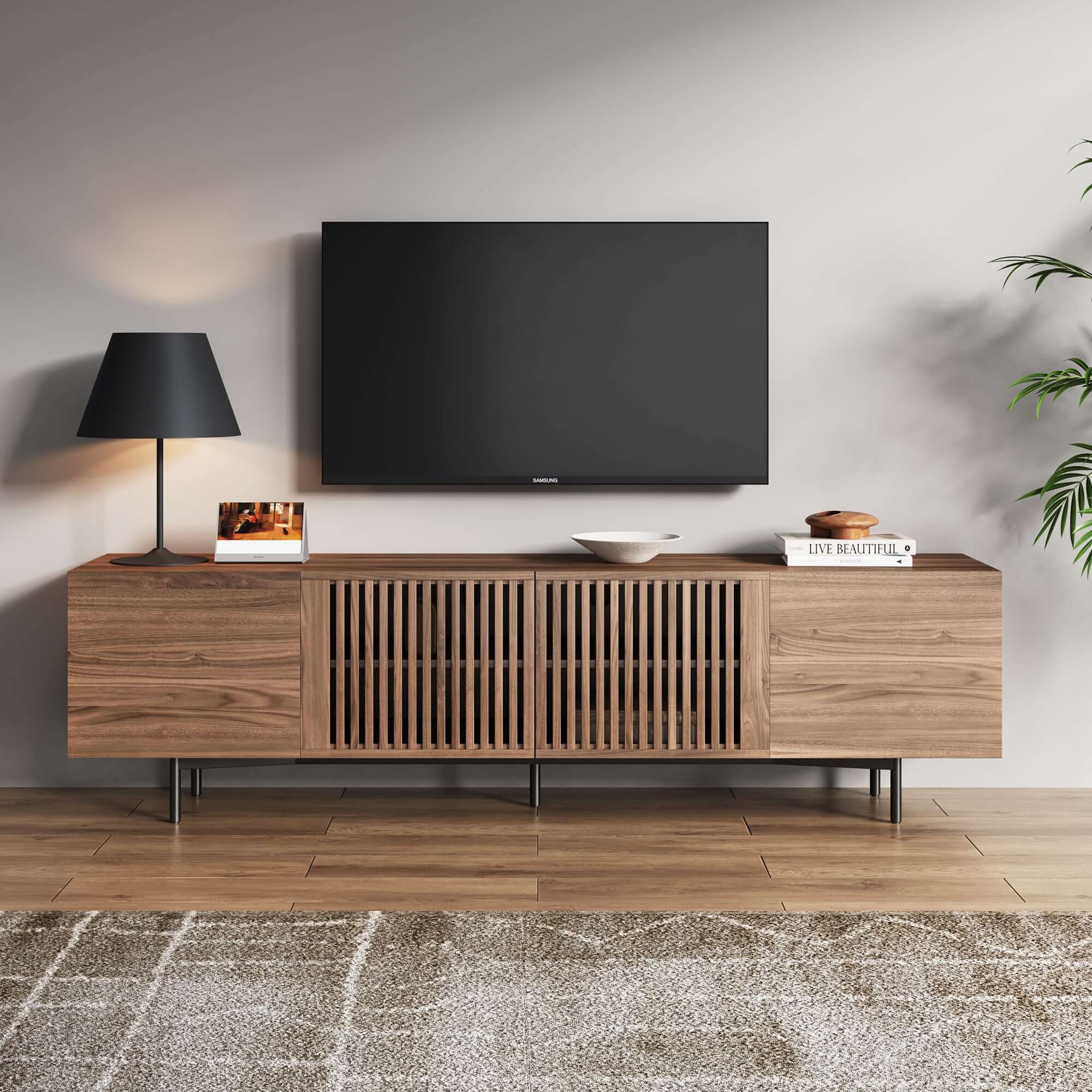 Minimalist TV Stand with Slatted Design - 4 Door Storage Media Console for Living Room, Bedroom & Home Theater