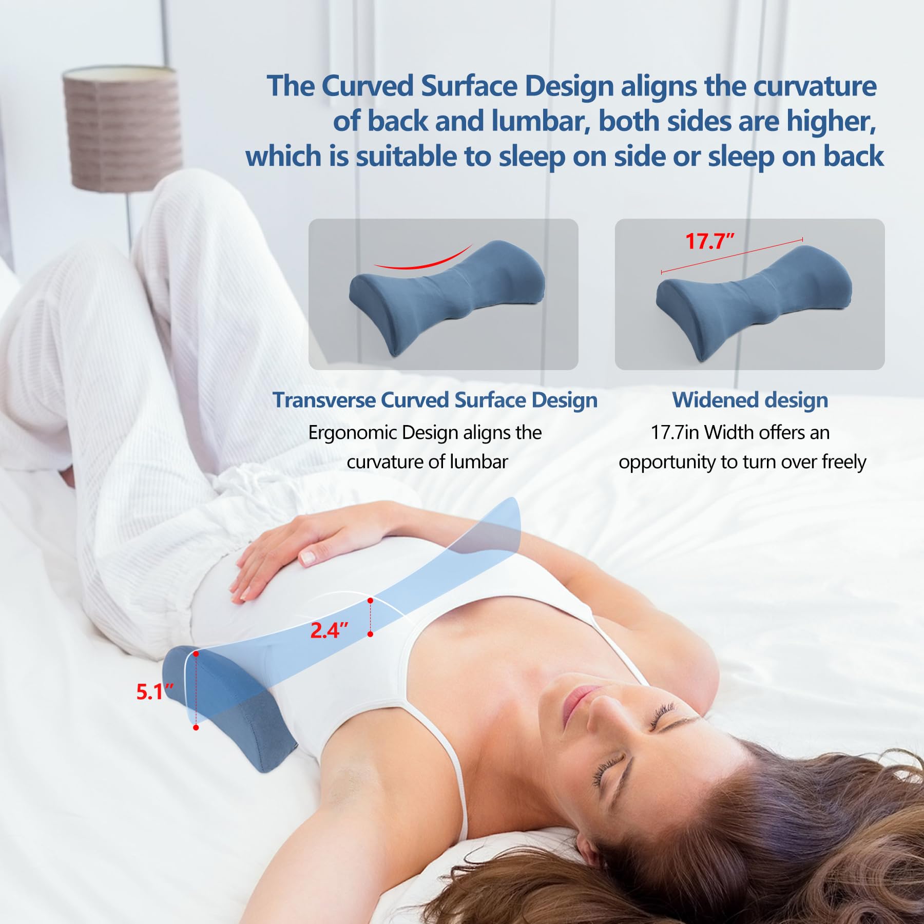 Memory Foam Lumbar Support Pillow for Lower Back Pain Relief - Ergonomic Back Cushion for Sleeping, Office Chair & Car Seat - Dark Blue Orthopedic Bed Pillow for Back Sleepers & Side Sleepers