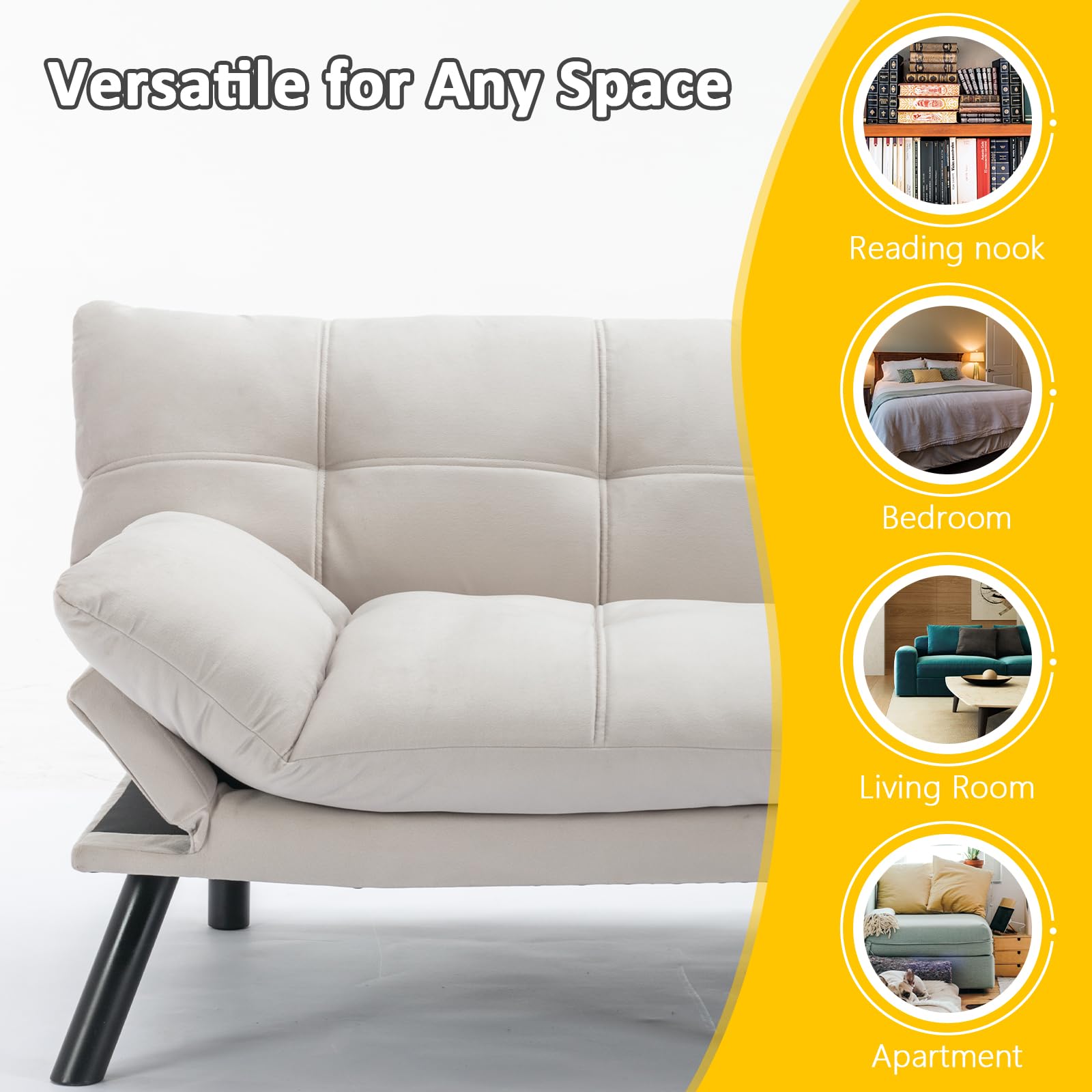 Adjustable Foldable Modern Leisure Memory Foam Futon Sofa Bed - Convertible Folding Reversible Bench Bed Chaise Lounge with Metal Legs - Cream Color for Living Room, Bedroom & Small Spaces - Perfect for Guests, Napping & Relaxation