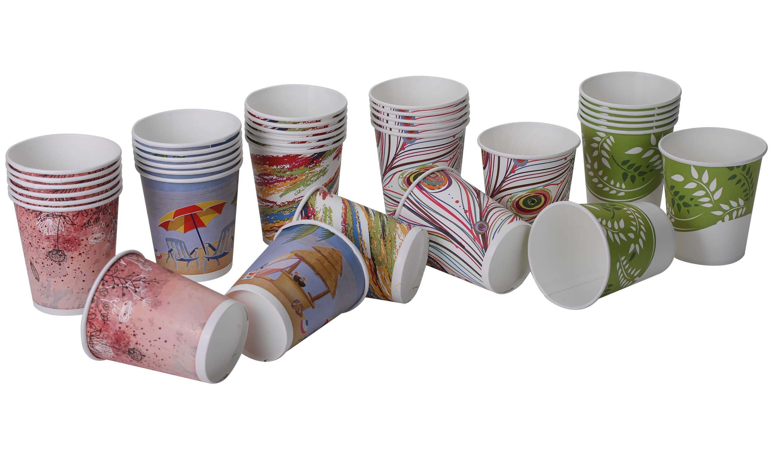 SANWALSA 50-Pack Disposable Color Paper Tea & Coffee Cups - 200ml, Multicolor Printed - Perfect for Parties, Offices, and Events