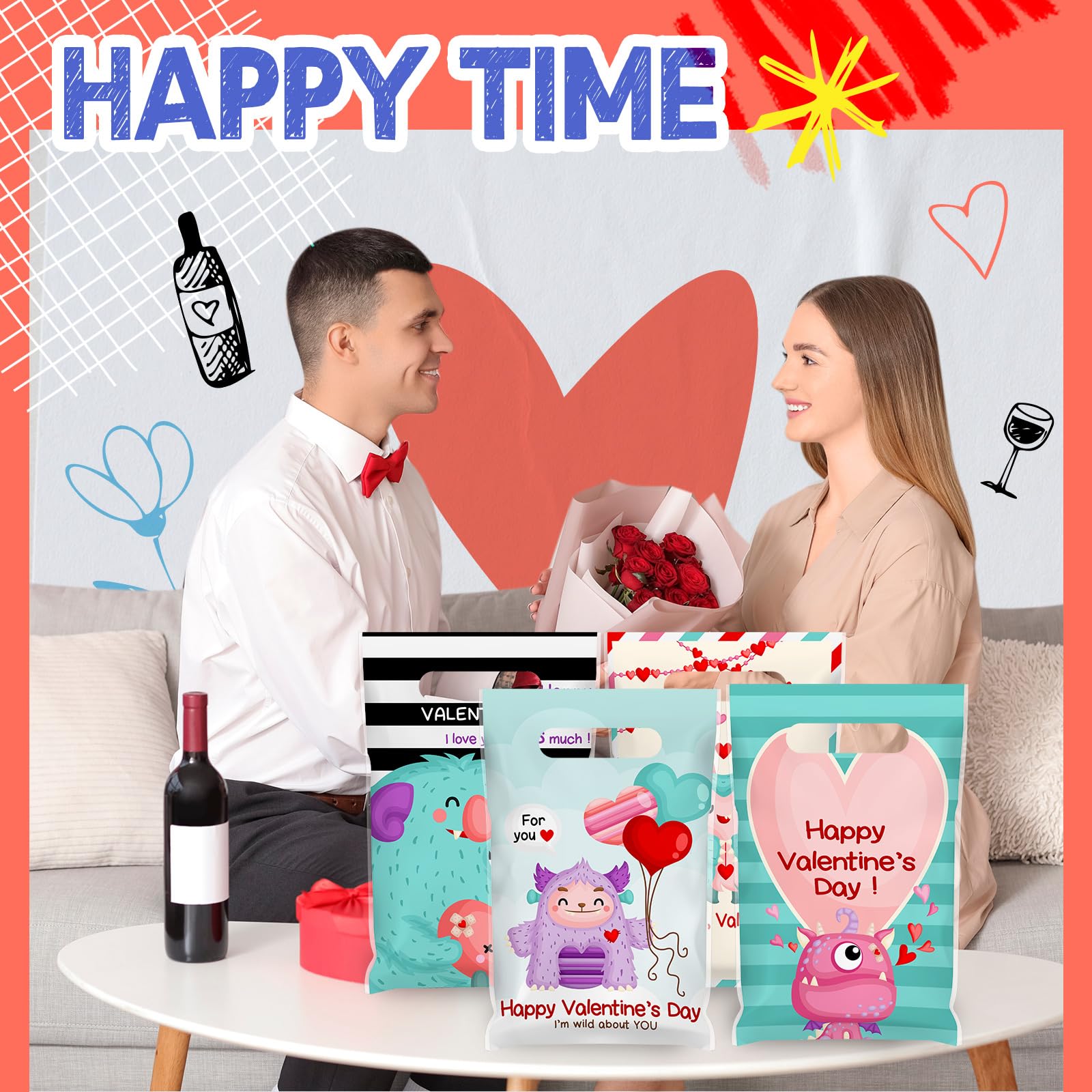Frienda 100-Piece Plastic Valentine's Day Gift Bags Bulk - Monster Treat Bags with Handles for Candy, Party Favors & Holiday Decorations | Perfect for Valentine's Parties, Classroom Treats & Romantic Gift Giving