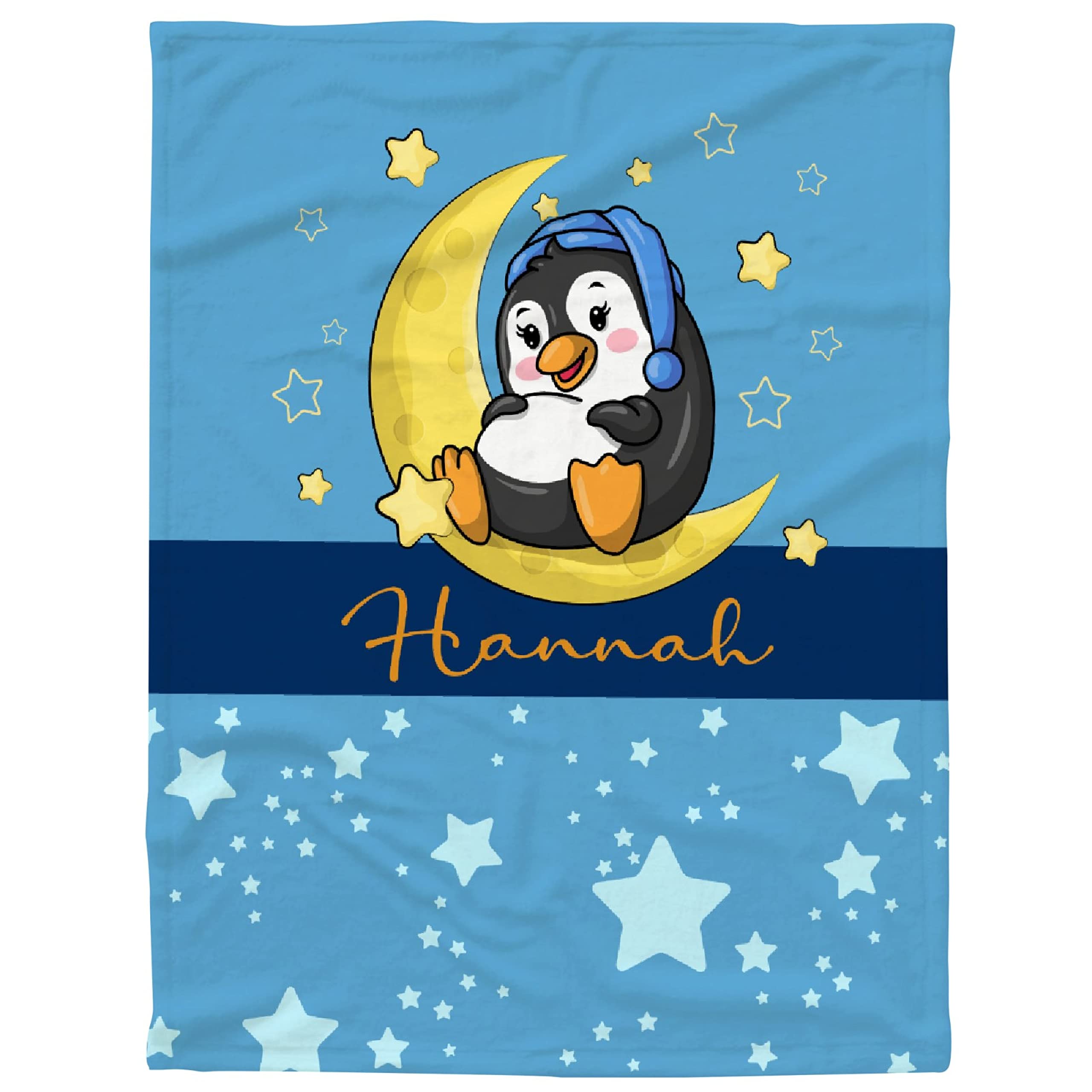 Personalized Baby Blanket with Name - Custom Penguin & Blue Star Fleece Throw for Boys & Girls - Extra Large 120