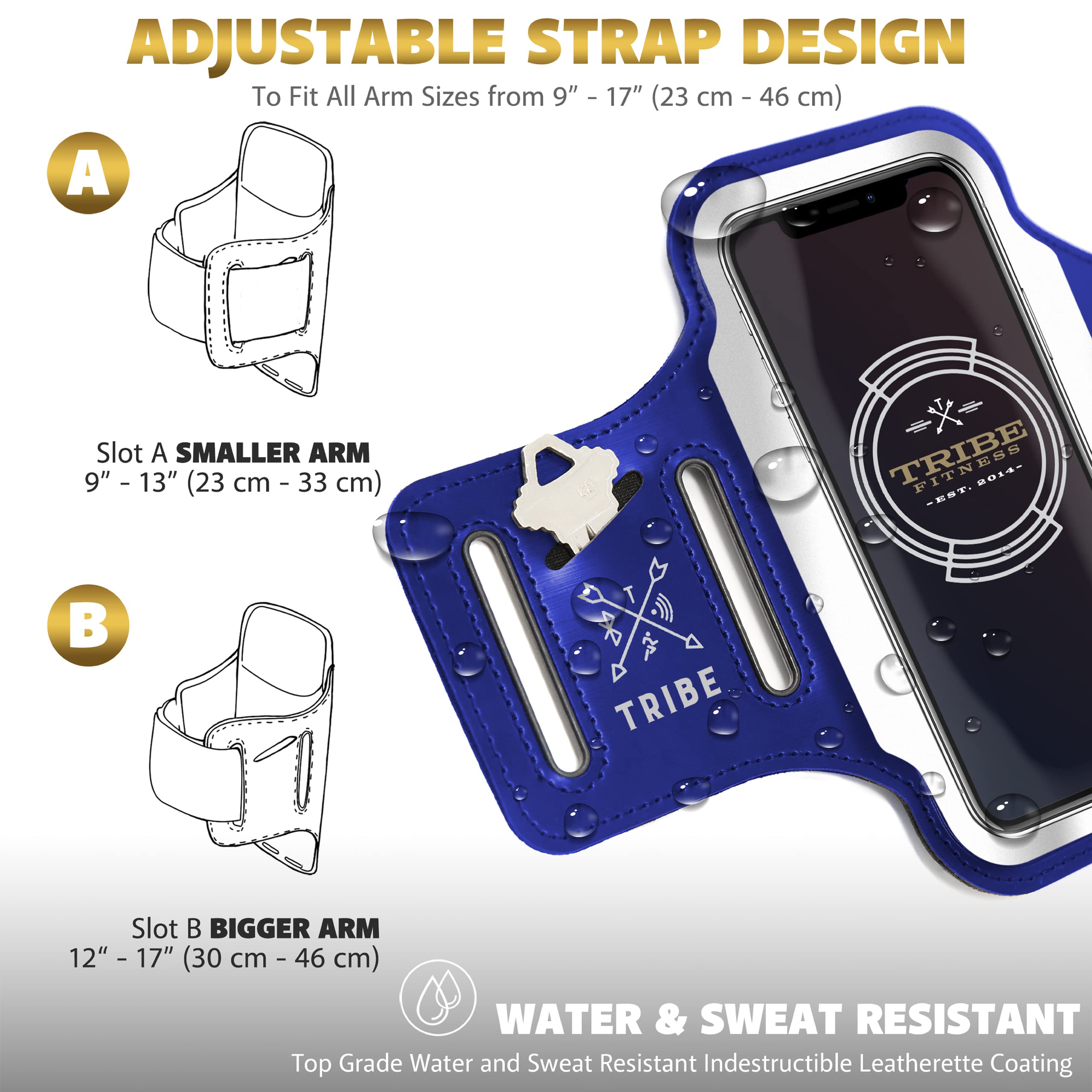 TRIBE Running Phone Holder Armband for iPhone & Samsung Galaxy - Adjustable Sports Armband for Men & Women - Perfect for Running, Jogging, Walking, Gym Workouts - Fits All Smartphones with Key/CC Pocket - Stay Connected During Outdoor Activities & Fitness Training