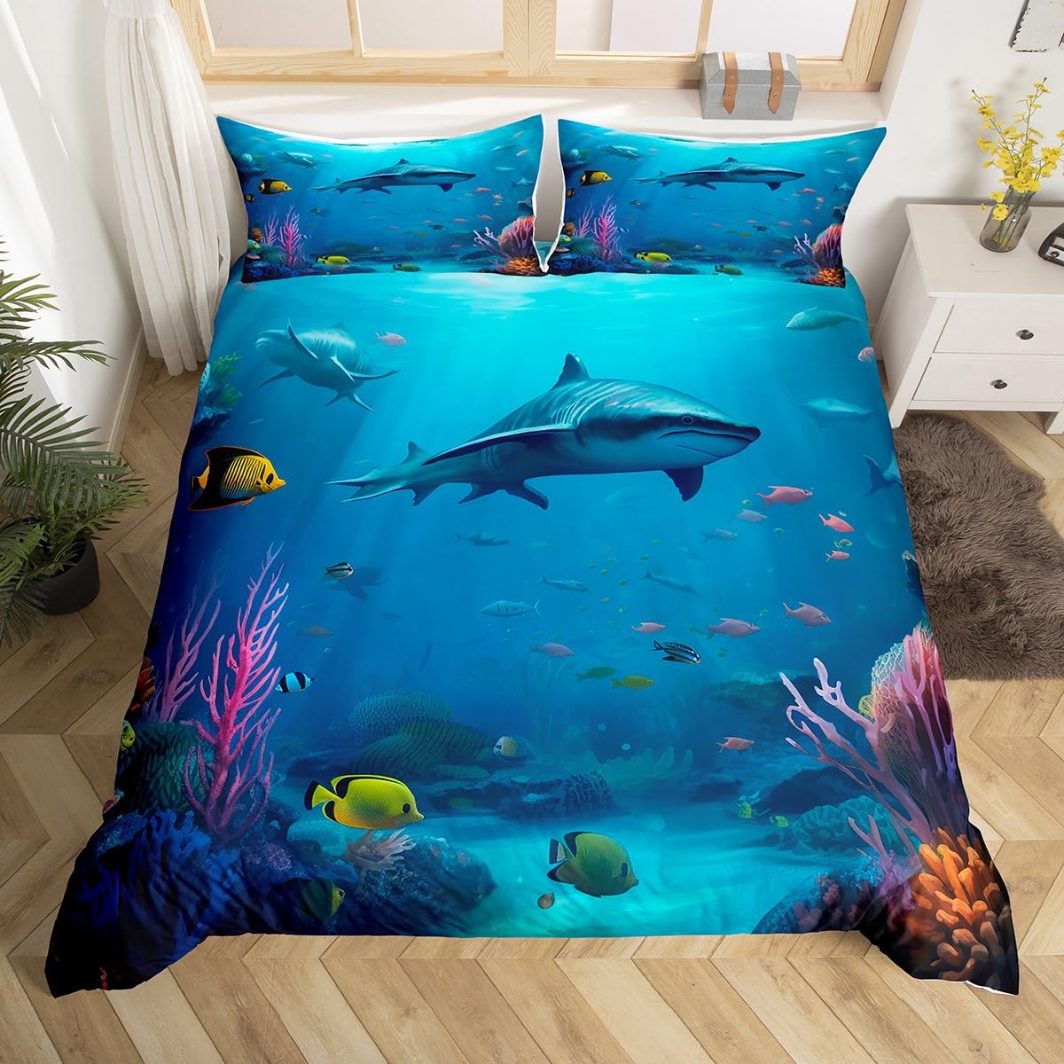 **Shark Bedding Set for Kids - Twin Size Blue Hawaiian Duvet Cover, Fish & Turtle Themed Ocean Bedspread | Ultra-Soft Brushed Microfiber Beach Decor Quilt Cover with Ties | Perfect for Boys' & Girls' Bedrooms, Underwater Themed Rooms**