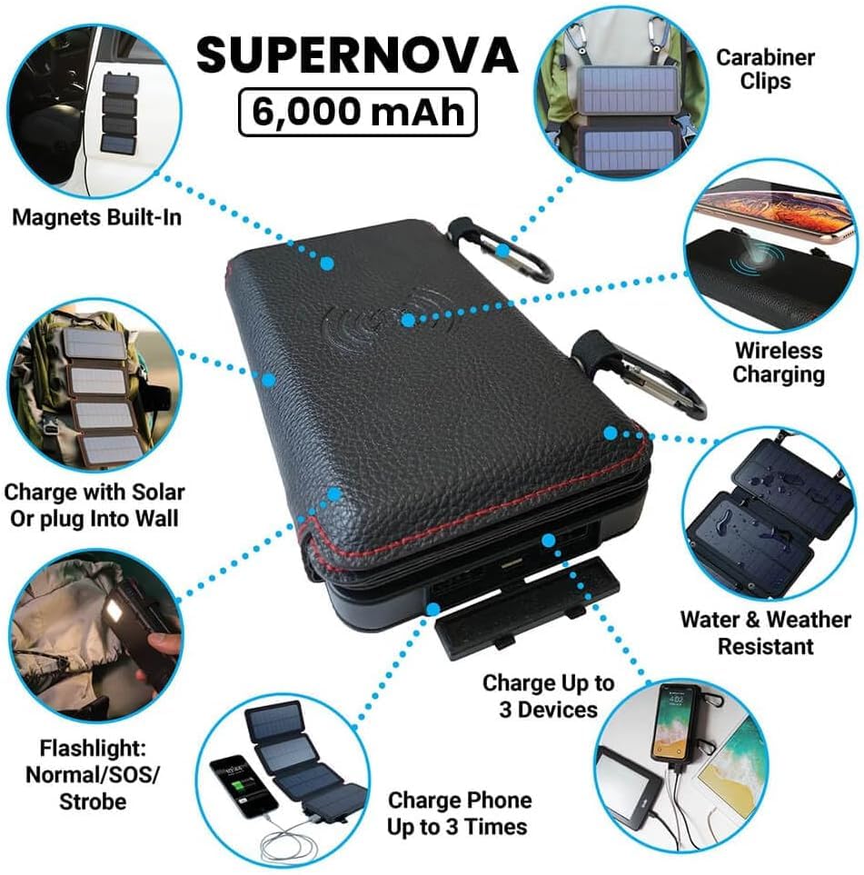 SunCharge Supernova 6000mAh Solar Power Bank with Dual USB & Wireless Charging, 5.5W Solar Panel, LED Flashlight, Shockproof & Waterproof Design - Perfect for Camping, Hiking, Emergencies, Travel & Outdoor Adventures