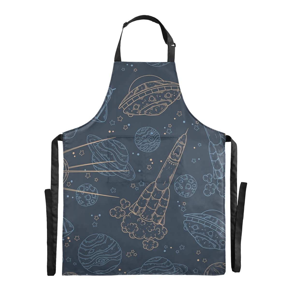 Waterproof Space Rocket Planet Bib Apron for Adults - Adjustable Straps with Large Pocket - Perfect for Painting Parties, Bar Work, Kitchen Cooking & BBQ - Funny Gift for Stepdad & Space Lovers