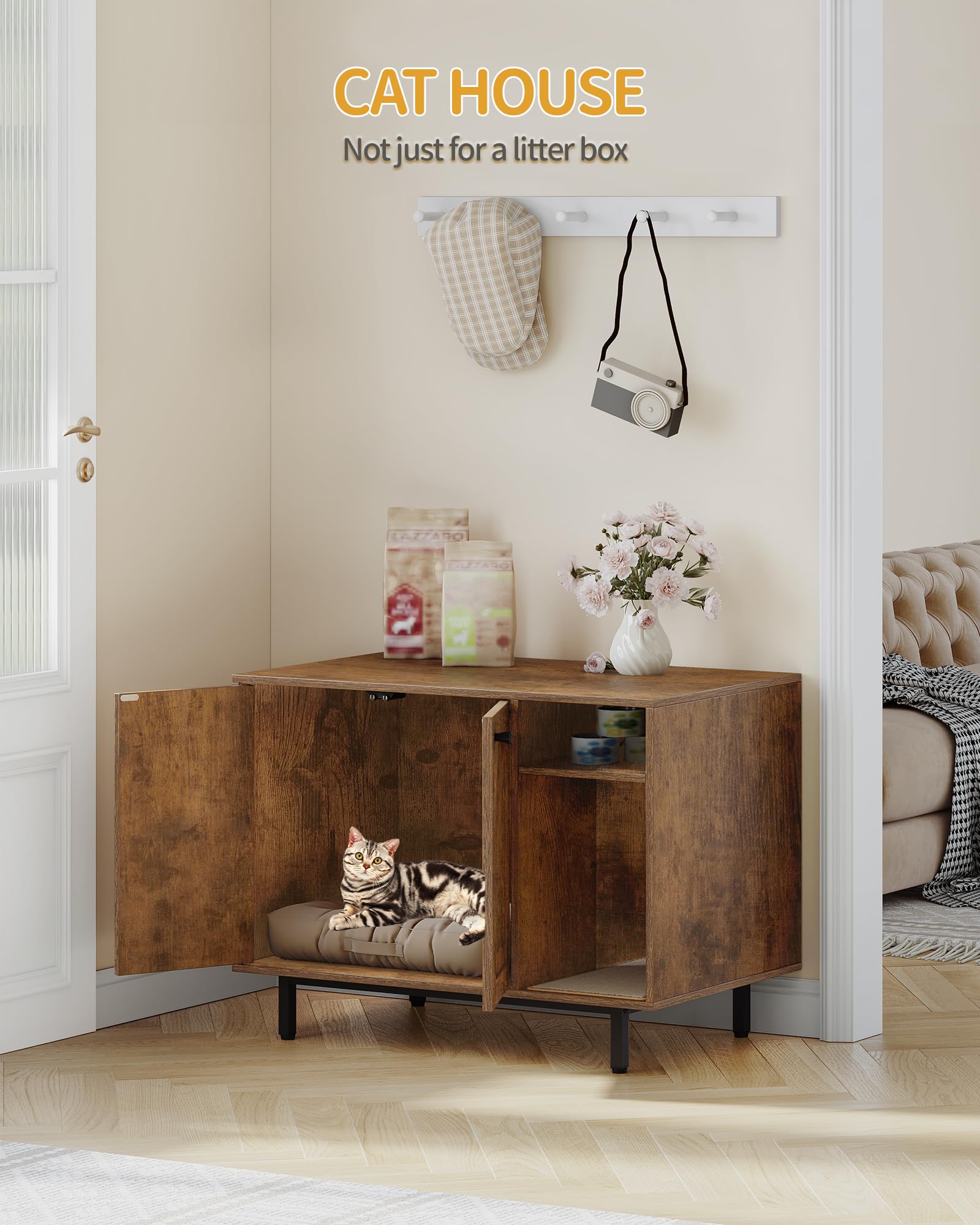 Hidden Cat Litter Box Enclosure - Wooden Pet House Side Table with Storage | Rustic Brown Furniture for Living Room & Bedroom | Discreet Litter Solution for Small Spaces & Home Decor