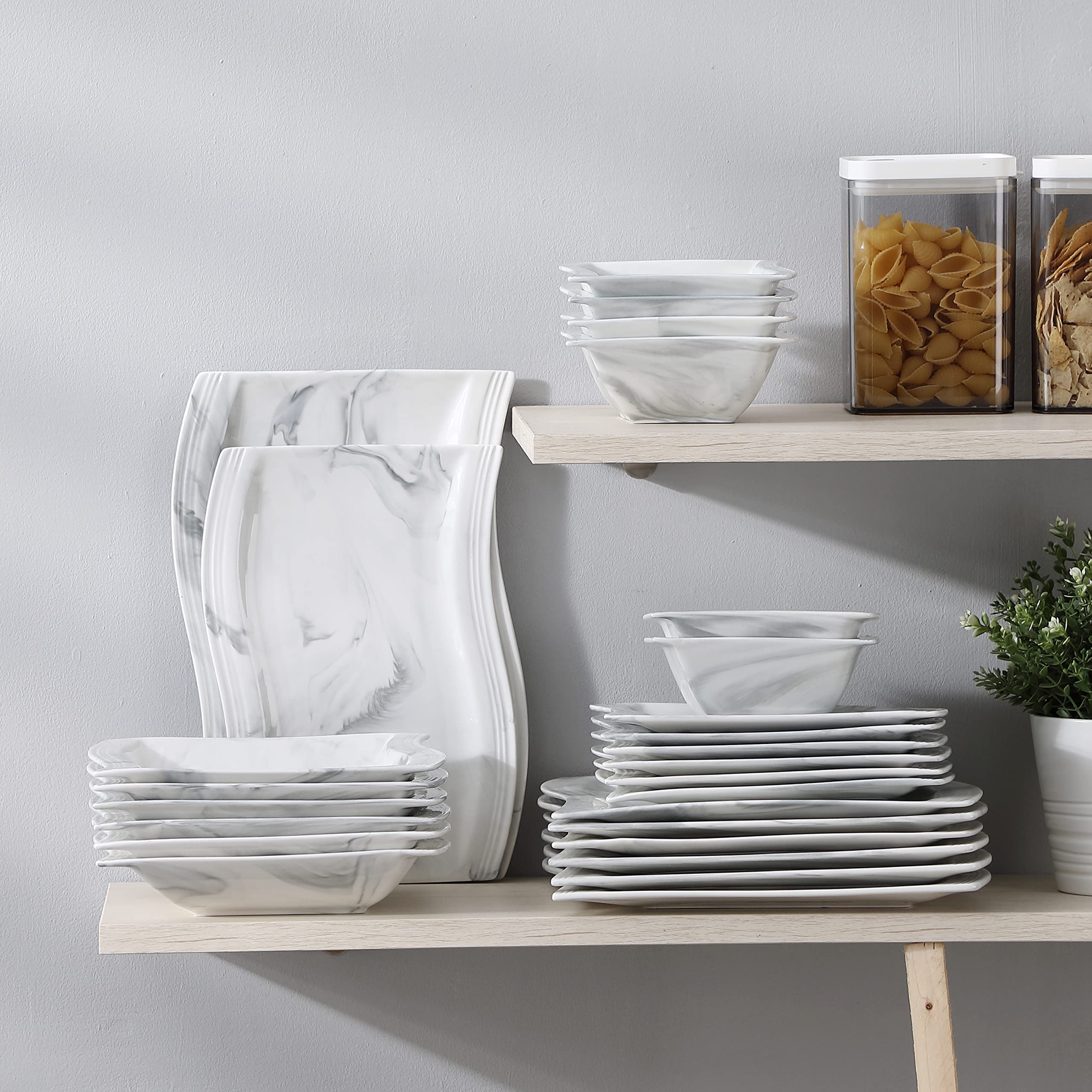 MALACASA 56-Piece Porcelain Dinnerware Set - Modern Square Plates, Bowls, Serving Platters, Cups & Saucers in Marble Grey (Flora Series) - Perfect for Dinner Parties, Family Gatherings & Restaurant Use