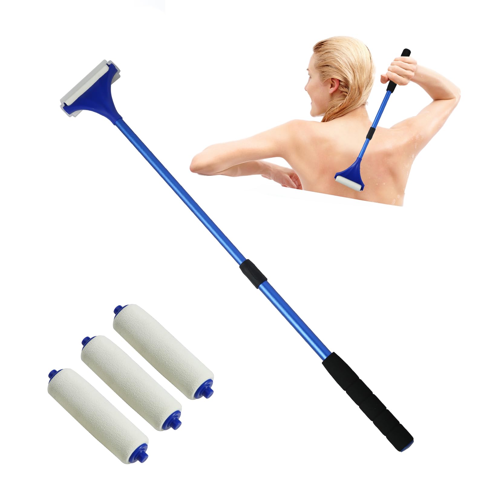 EASACE 21 Inch Long Handle Lotion Applicator for Back - Portable Back Lotion Applicator with 3 Replacement Rollers - Self Care Massage Tool for Hard-to-Reach Areas (Blue) - Perfect for Sunscreen, Moisturizer & Pain Relief Cream Application
