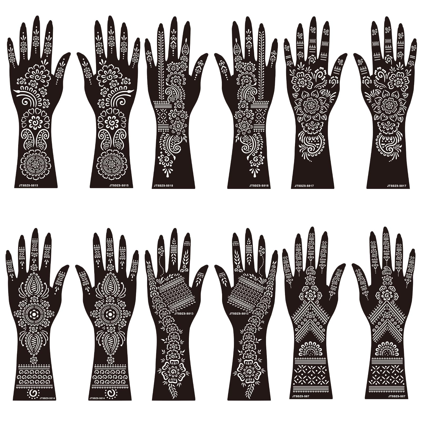 12 Sheets Henna Stencil Kit for Arm & Hand - Temporary Indian & Arabian Tattoo Designs with Glitter - DIY Airbrush Tattoo Stickers for Parties, Weddings & Festivals