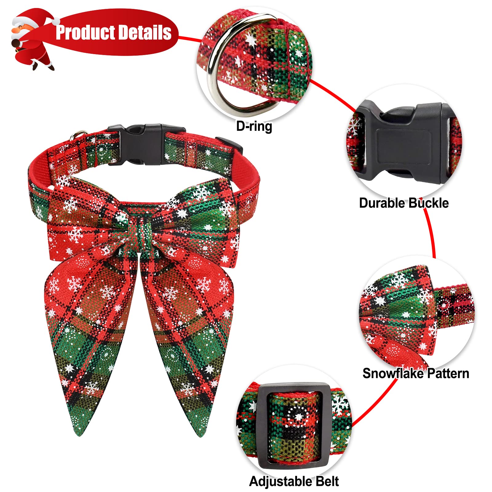 Malier Christmas Dog Collar with Bow Tie - Classic Plaid Pet Collar for Small Medium Large Dogs | Soft Durable Holiday Dog Accessory (Red & Green, Medium) | Perfect for Christmas Photos & Holiday Parties