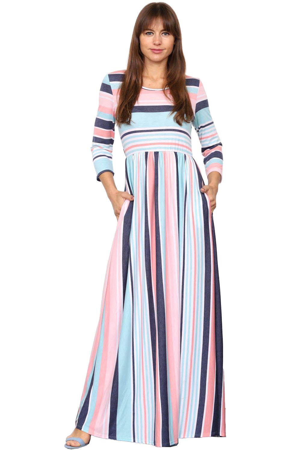 Eloges Women's ¾ Sleeve Floral Stripe Maxi Dress with Contrast Details - Perfect for Summer Beach Vacations, Garden Parties & Casual Outings