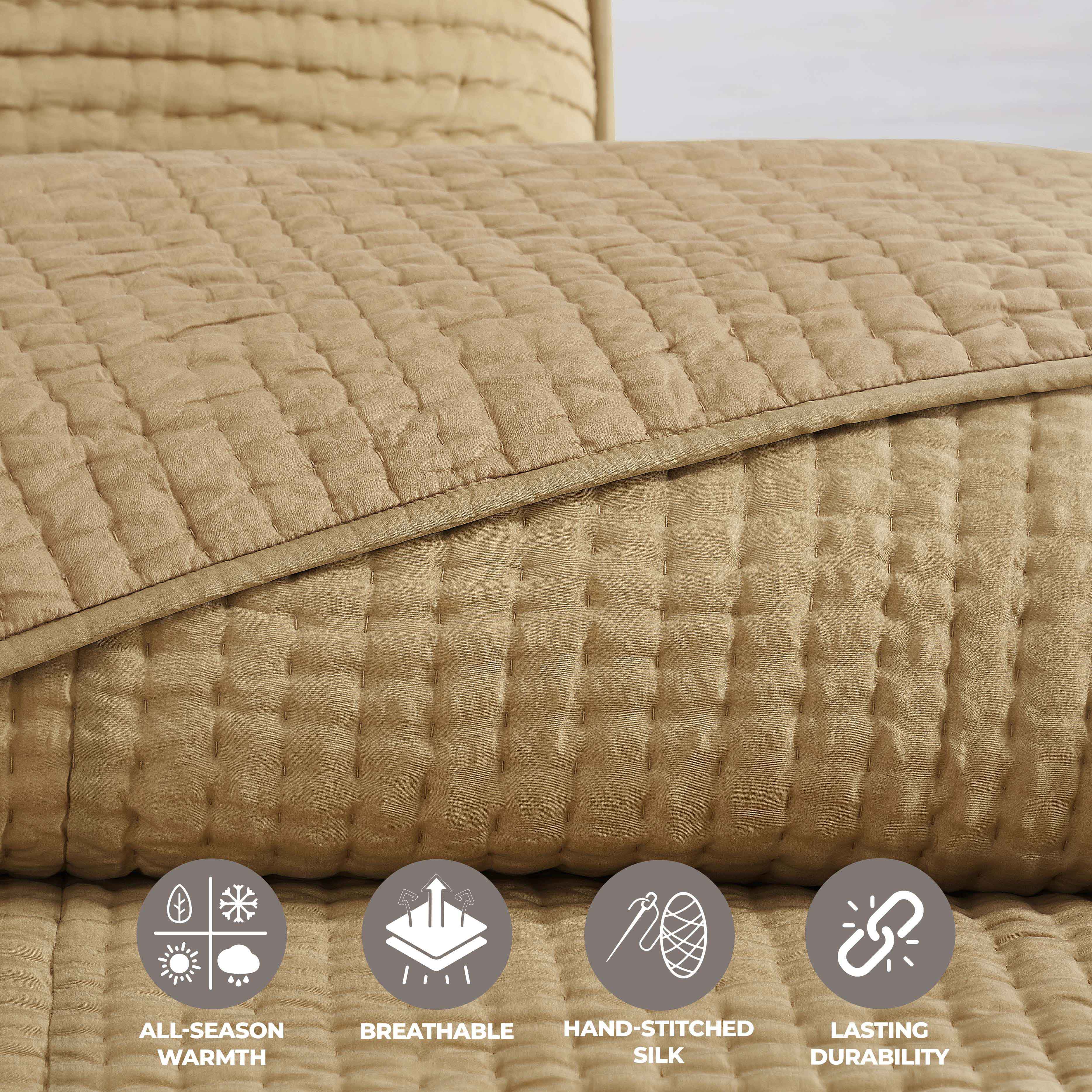 Bella 100% Pure Silk Pick Stitch Medium Weight Quilt & Sham Set - Queen Size Luxury Bedding for Elegant Bedroom Decor & Cozy Sleep
