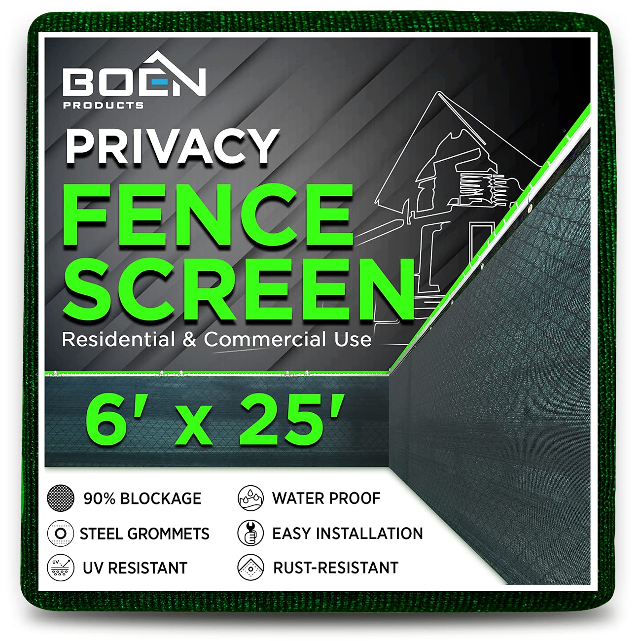 Boen 6' x 25' Green Backyard Privacy Screen Fence Cover - Instant Outdoor Windproof Shade Solution for Metal, Chain Link, Wood & Plastic Fences - Perfect for Patio, Deck, Pool Area & Garden Privacy Protection