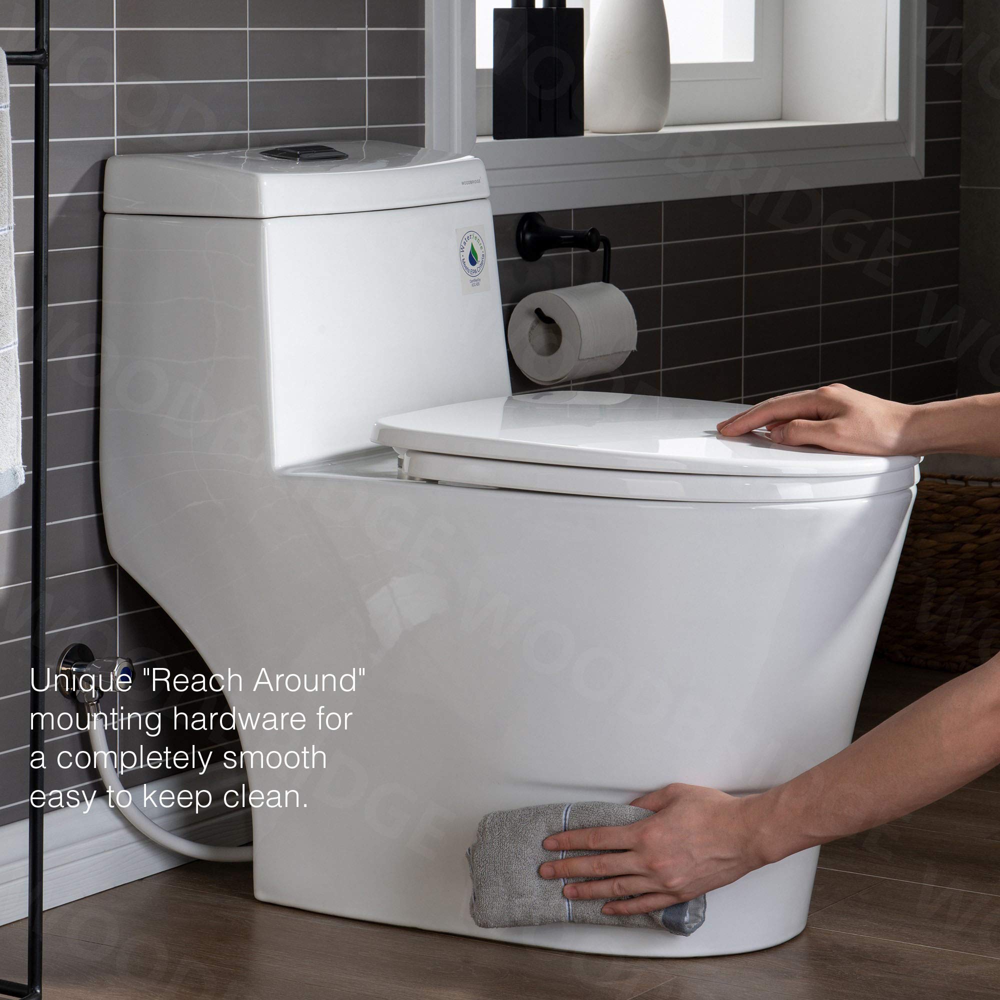 WOODBRIDGE One Piece Toilet with Soft Close Seat - Chair Height Elongated Toilet - 1.28 GPF Dual Flush - WaterSense Certified - 1000g MaP Flushing Score - Matte Black Button (Model T0001-MB, White) - Perfect for Modern Bathrooms, Small Spaces & Water-Efficient Homes