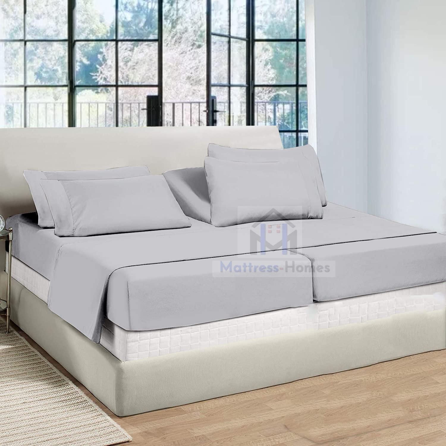 7-Piece Split King Sheet Set - 600 Thread Count 100% Long Staple Combed Cotton for Adjustable Beds (Light Grey) | Ultra-Soft Luxury Bedding for Master Bedroom & Guest Room