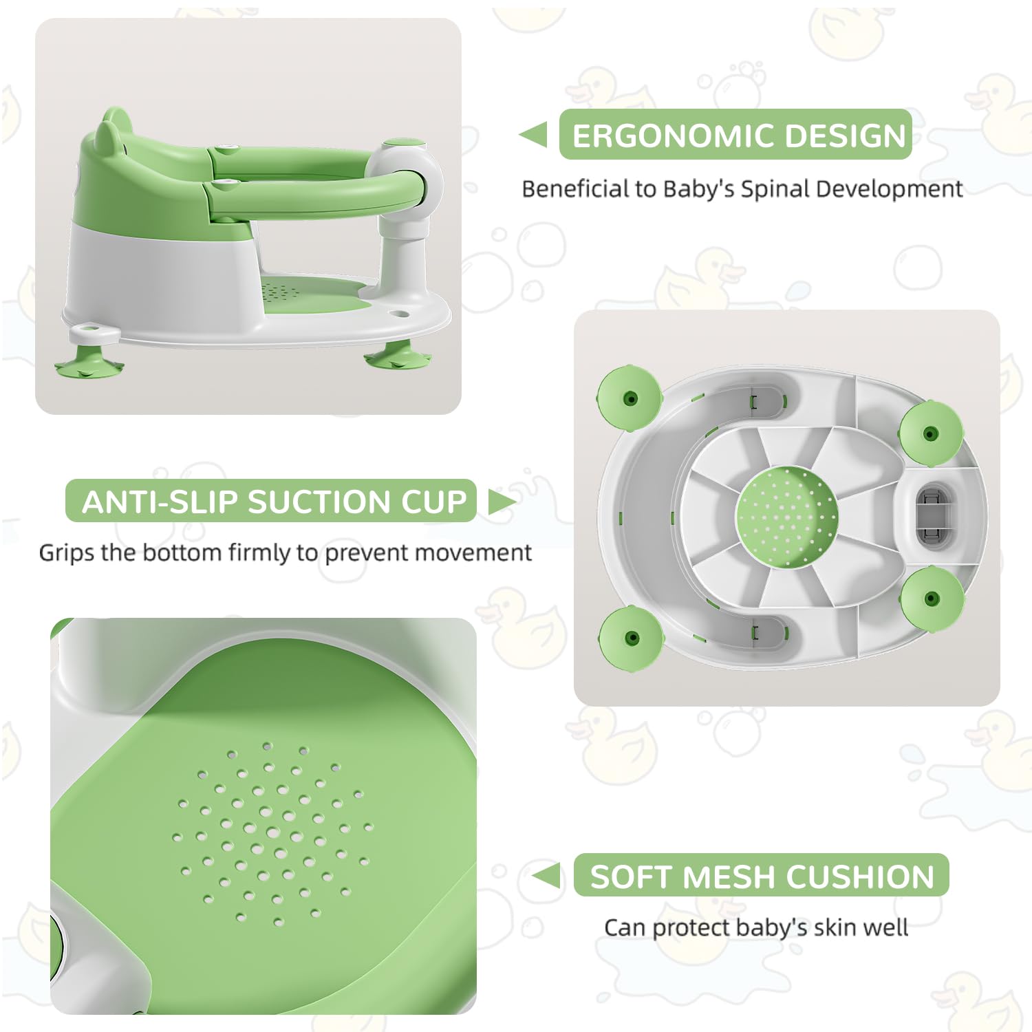 **Non-Slip Baby Bath Seat for Infants 6+ Months – Safe Toddler Bathtub Chair with 4 Suction Cups & Soft Cushion – Perfect for Newborns Learning to Sit Up – Ideal for Shower & Bath Time (Green)**