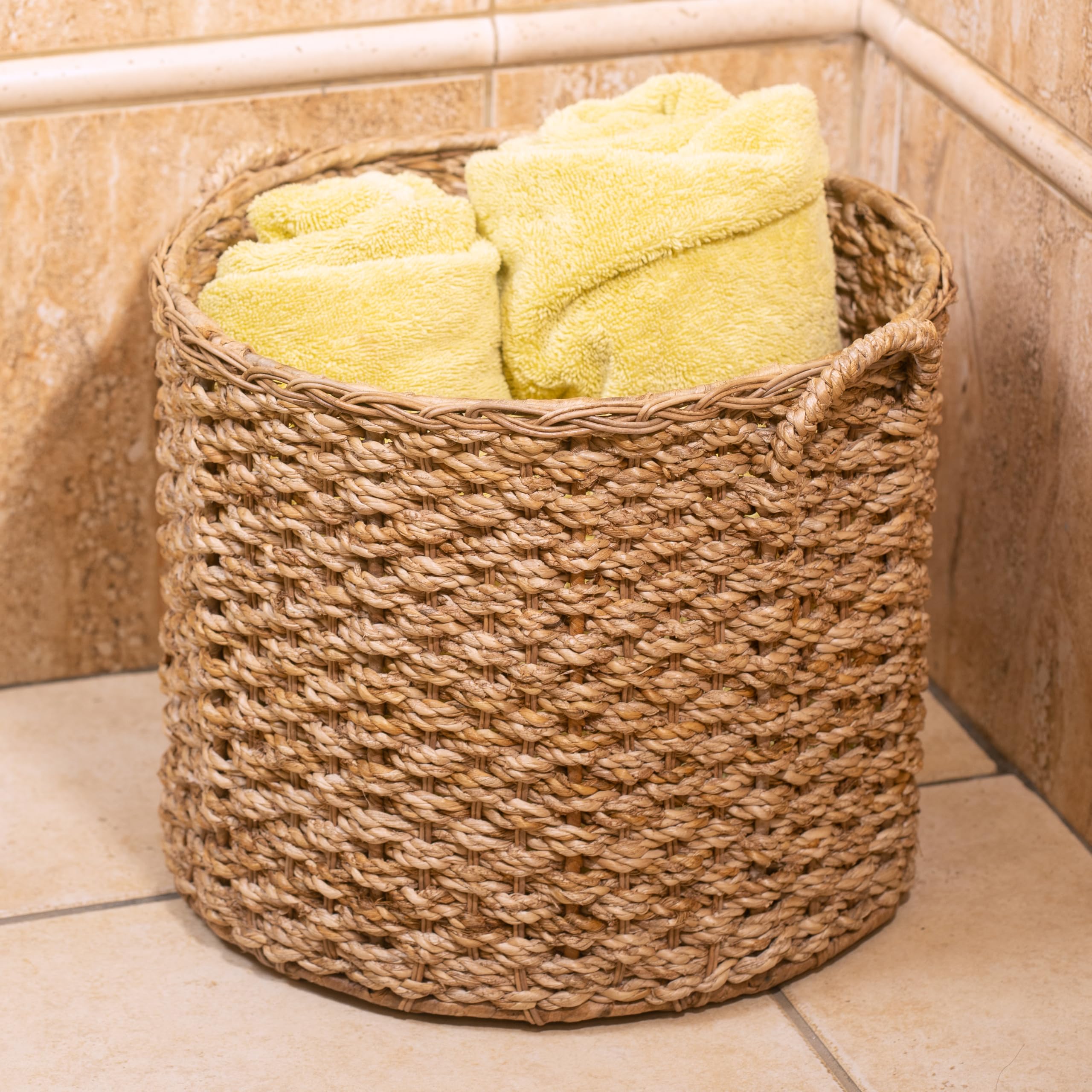 Large Round Woven Wicker Rattan Storage Basket with Handles - Natural Decor Organizer for Baby Toys, Laundry, Magazines & Towels | Perfect for Nursery, Bathroom & Living Room Organization
