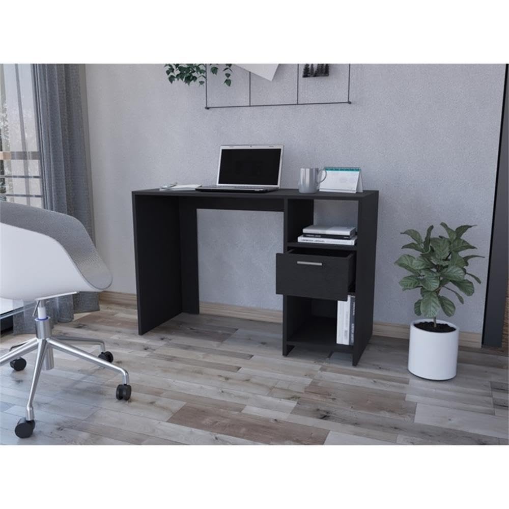 Arlington Black Computer Desk with Drawer & 2 Open Shelves - Home Office Desk with Sturdy Legs for Study, Work & Gaming | Compact Workstation for Small Spaces