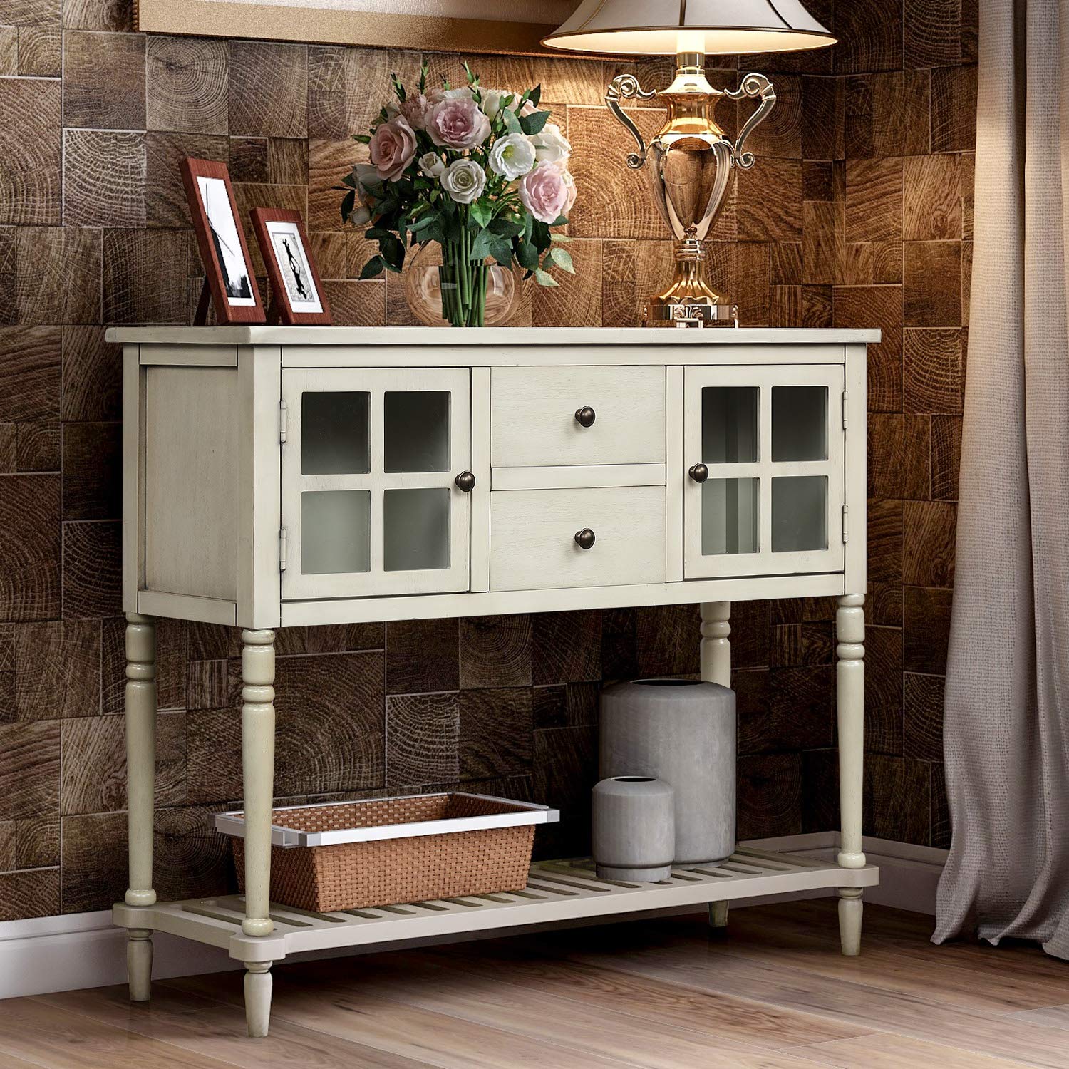 Farmhouse Style Sideboard Console Table with Bottom Shelf - Wood and Glass Buffet Cabinet for Dining Room, Entryway, or Living Room Storage