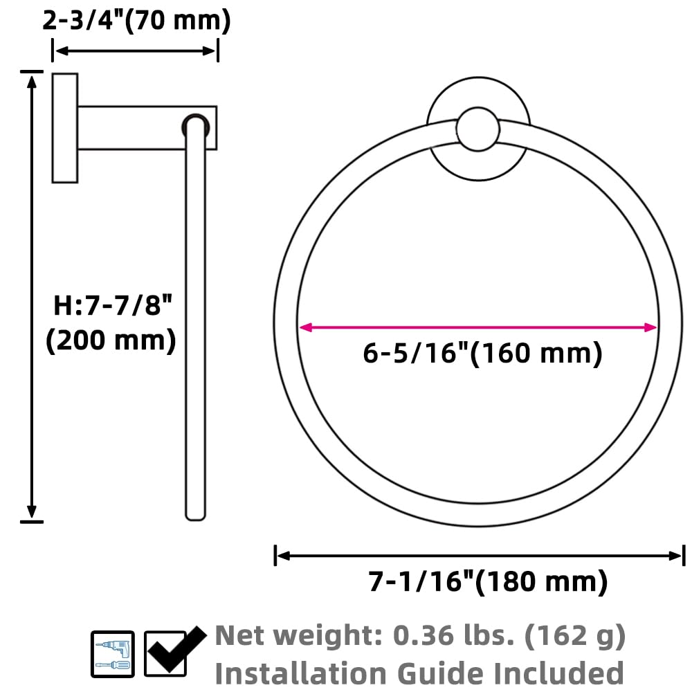 APLusee Brushed Nickel Towel Ring - 304 Stainless Steel Wall Mounted Hand Towel Holder for Bathroom & Kitchen - Single Round Swivel Hanger - Perfect for Small Spaces & Guest Bathrooms