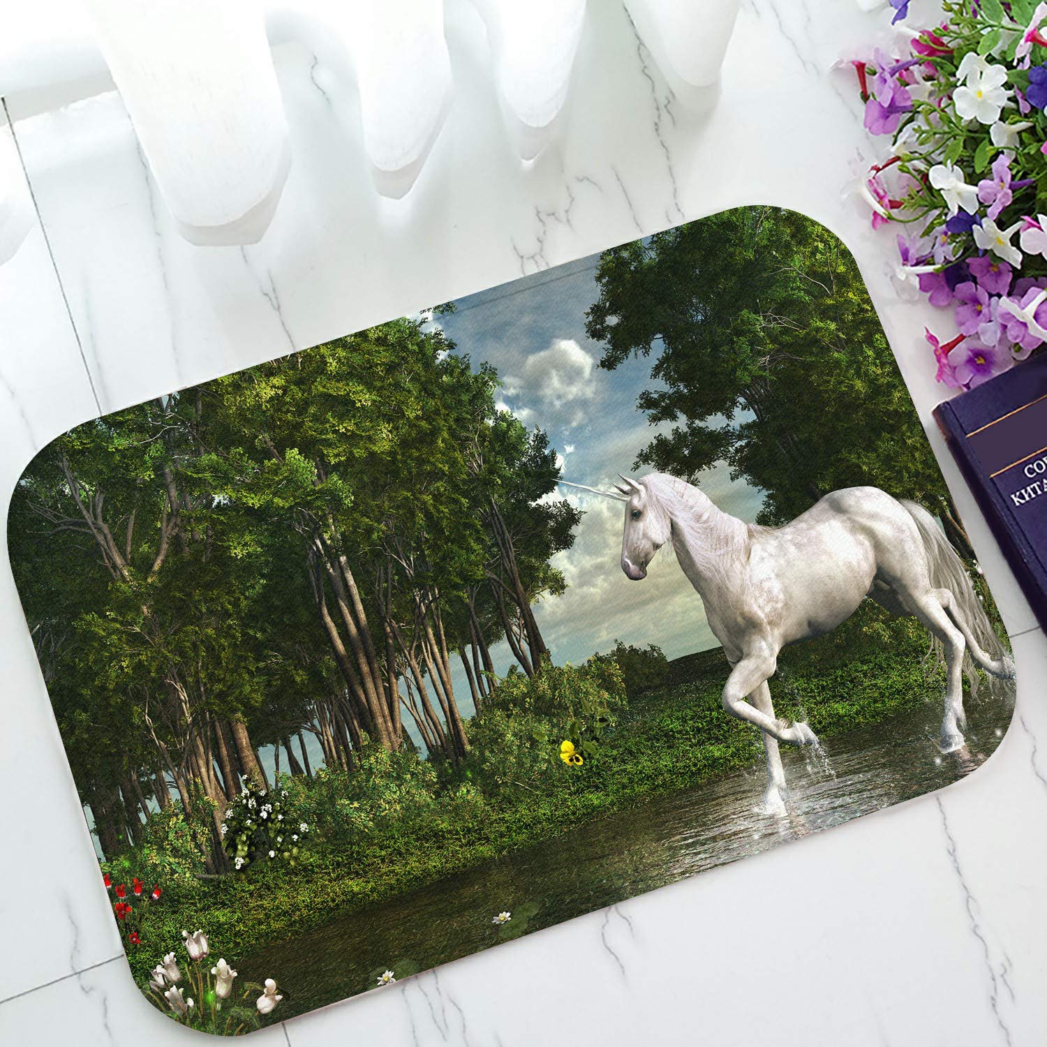 ECZJNT Unicorn in Magic Forest Non-Slip Welcome Doormat - 23.6x15.7 Inch Absorbent Bath Rug, Entrance Floor Mat for Home Decor - Perfect for Bedroom, Bathroom & Front Door