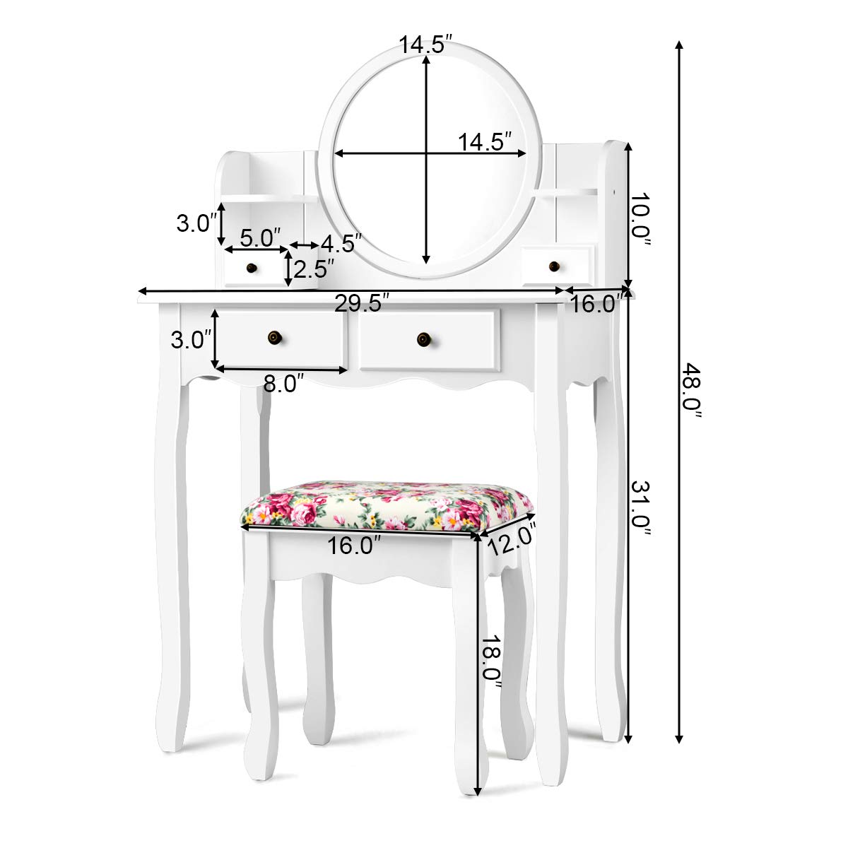 Charmaid Vanity Set with 4 Storage Shelves & 4 Drawers, Makeup Dressing Table with 360° Swivel Mirror, Cosmetic Organizers & Cushioned Stool - White Vanity Desk for Women & Girls | Perfect for Bedroom, Bathroom & Dressing Room Organization