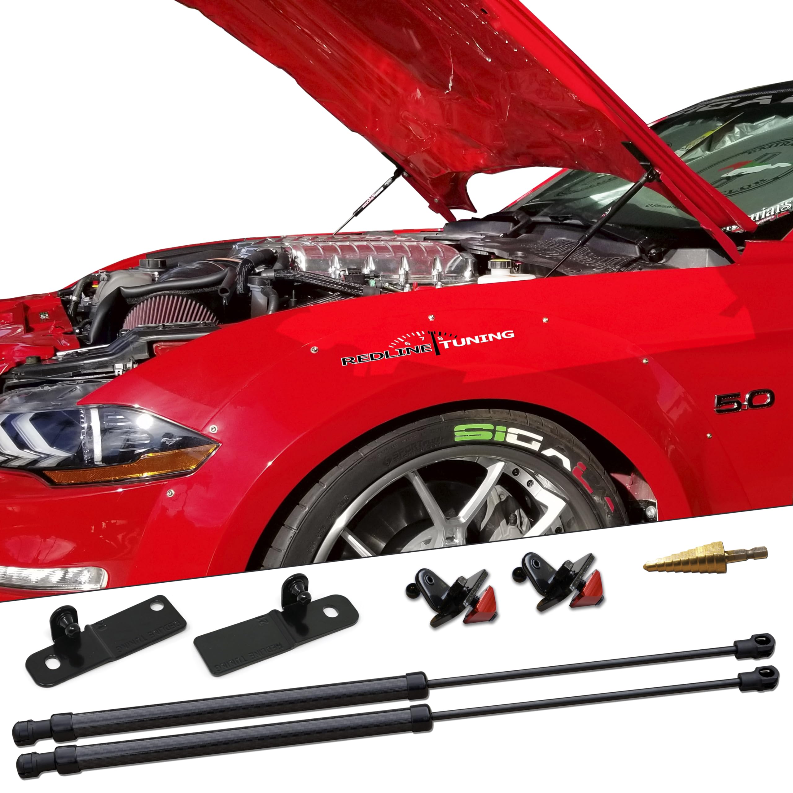 Redline Tuning 21-11035-04 Hood QuickLIFT Carbon Bolt-in System for 2015-2023 Ford Mustang - Black Components & Carbon Fiber Struts | Easy Hood Lift for Car Maintenance & Engine Access