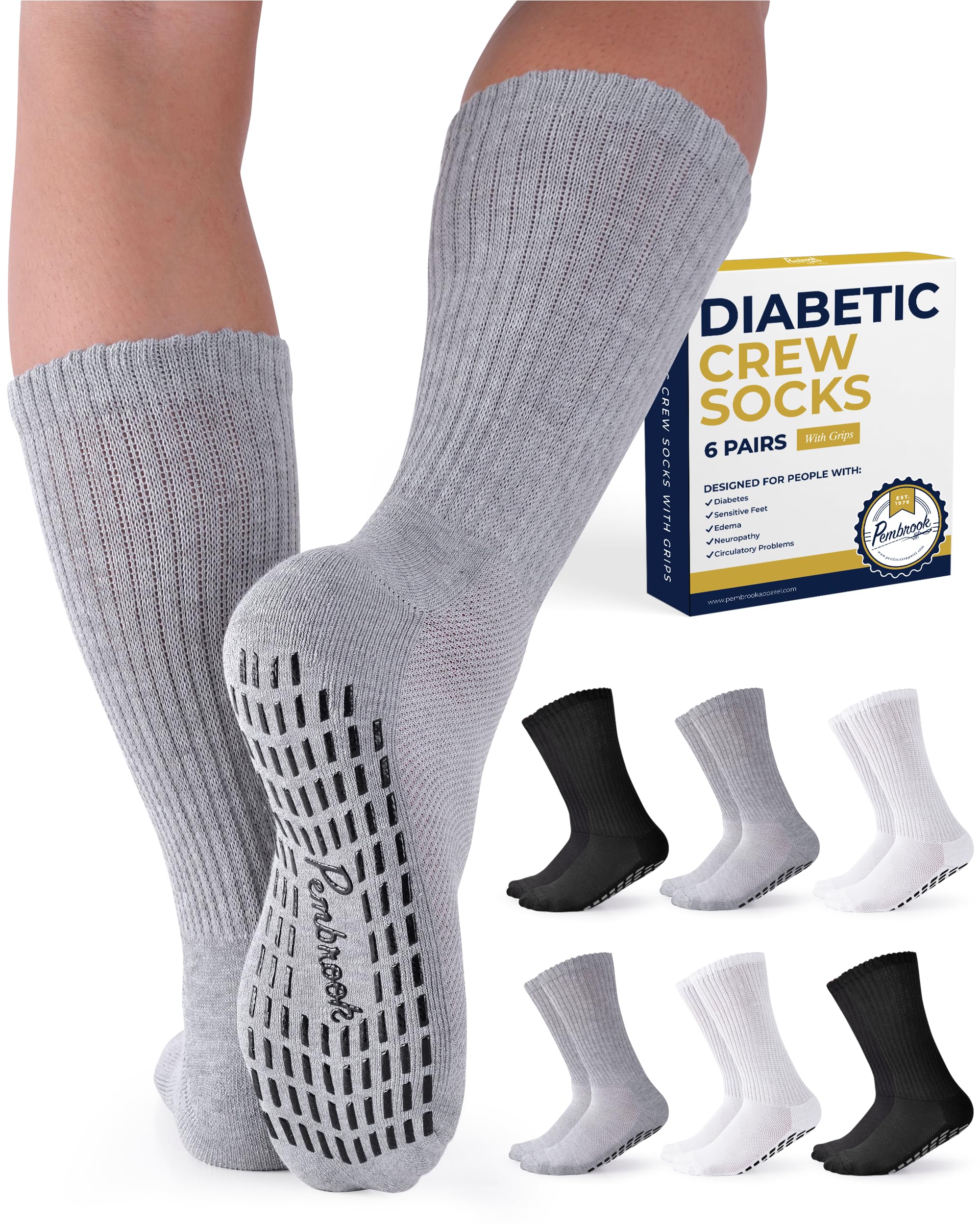 Pembrook 6 Pairs Diabetic Socks with Non-Slip Grippers for Men & Women - 12 Colors Neuropathy & Edema Relief Socks for Circulation - Perfect for Daily Wear, Travel & Medical Use