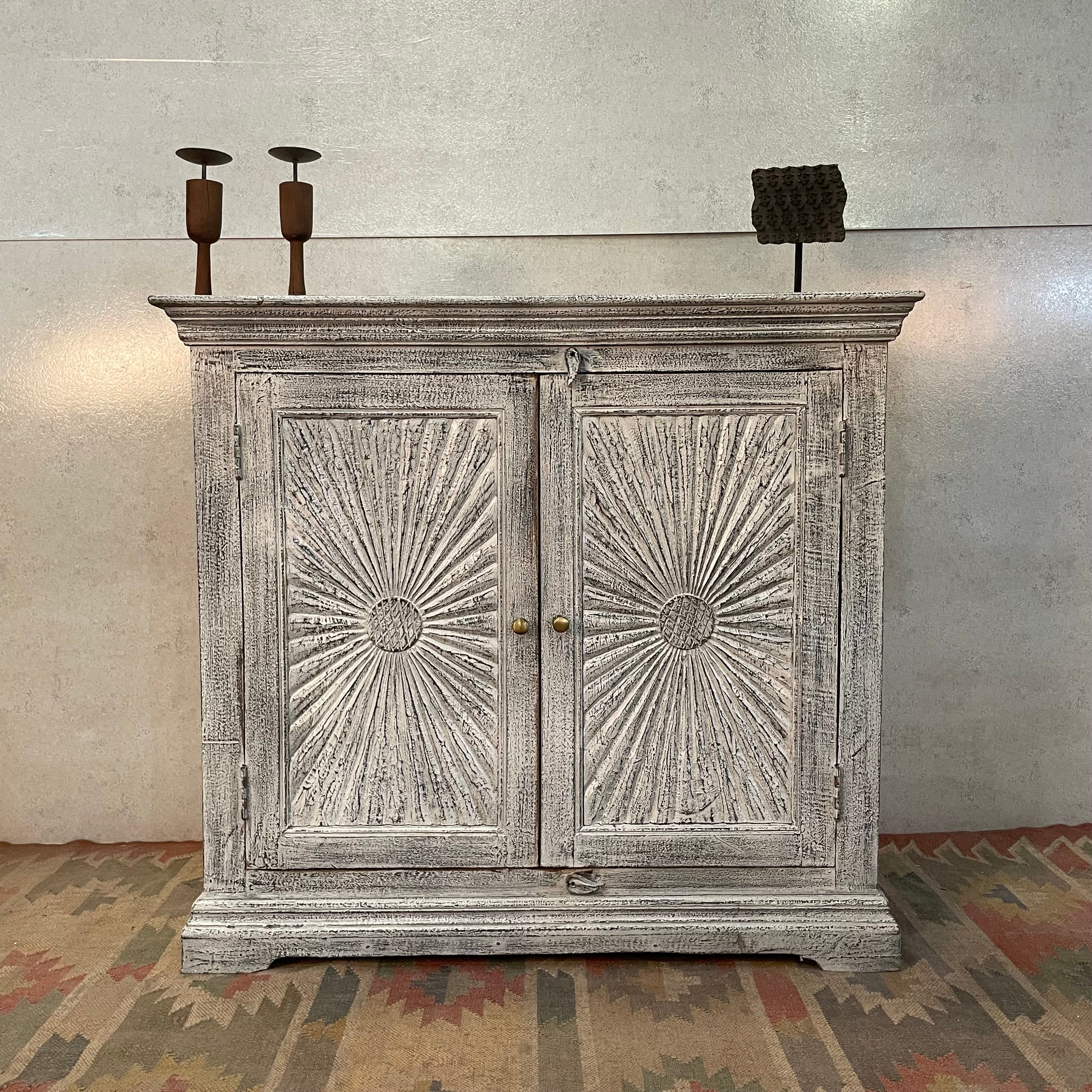 Handcrafted Indian Solid Hardwood Carved 2-Door Cabinet - Grey Wash Finish (107x51x97cm) - Vintage Home Decor for Living Room, Bedroom & Office Storage