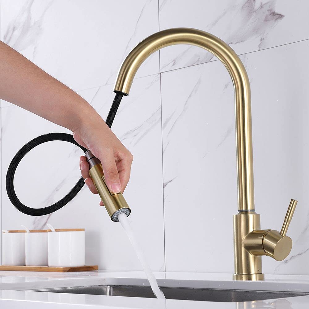 Brushed Gold Touch Kitchen Faucet - Stainless Steel Pull Down Sprayer Single Handle Sink Faucet for Modern Home Kitchen Renovation & Dishwashing Convenience