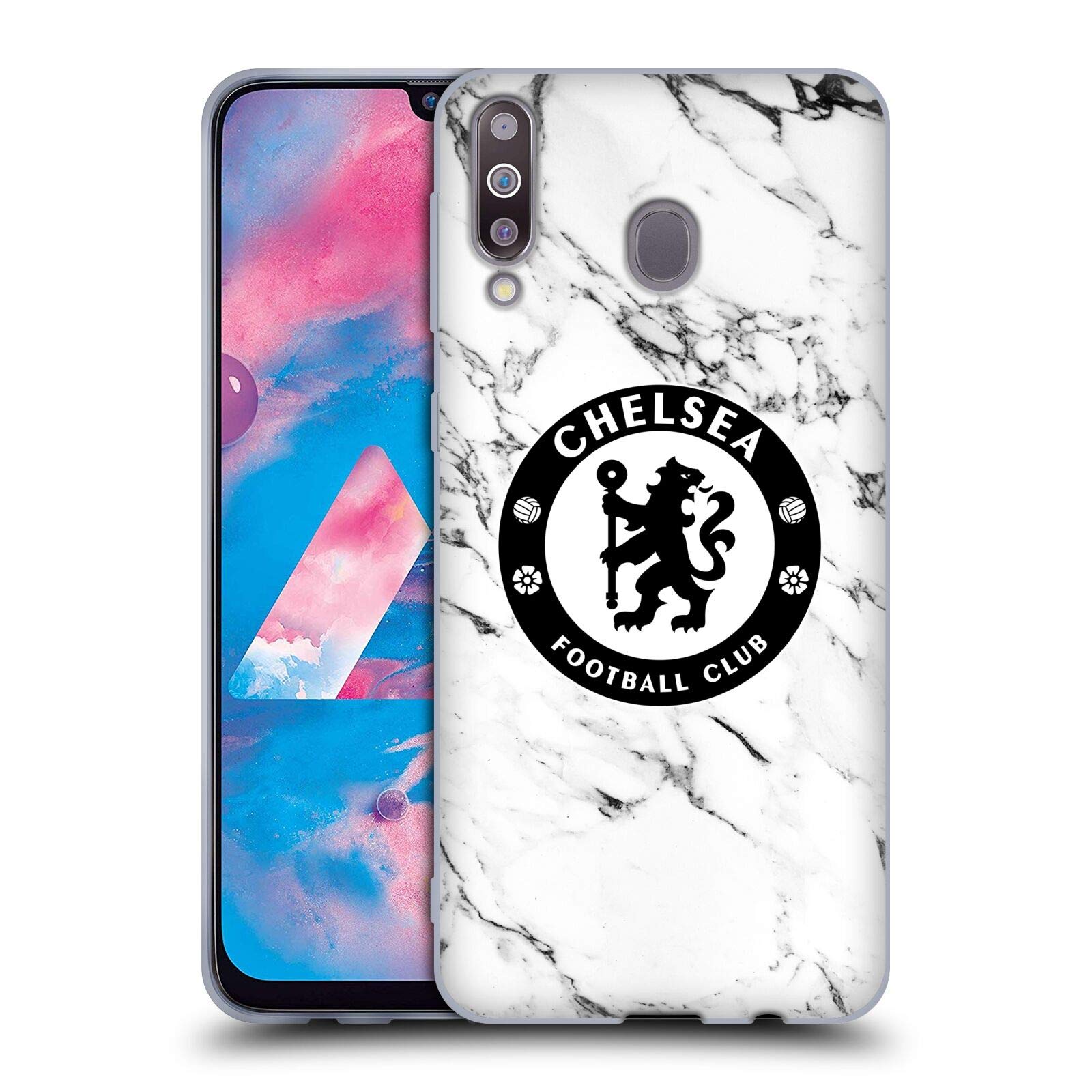 Head Case Designs Chelsea FC White Marble Crest Soft Gel Case for Samsung Galaxy M30 (2019) - Durable Protection for Everyday Use & Match Days
