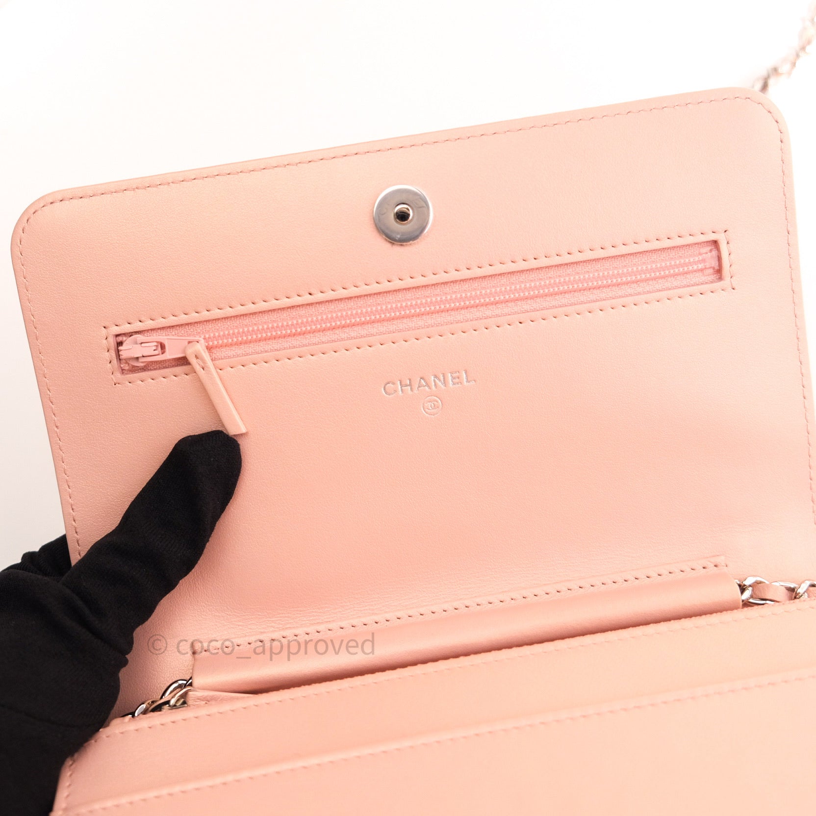 Chanel Chevron Wallet on Chain WOC Rose Gold Caviar Leather with Silver Hardware - Perfect for Evening Events & Luxury Fashion Accessories
